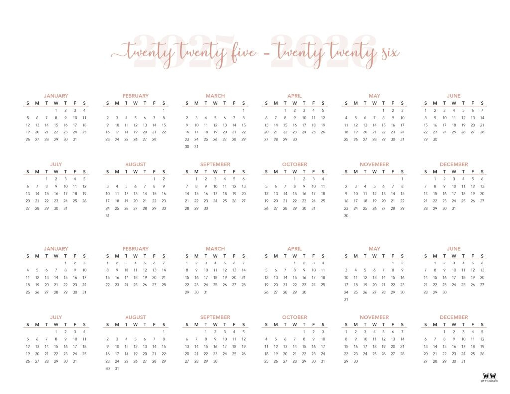 2025-2026 Two Year Calendars - 10 Free Cals | Printabulls in 2025 And 2026 Calendar Printable