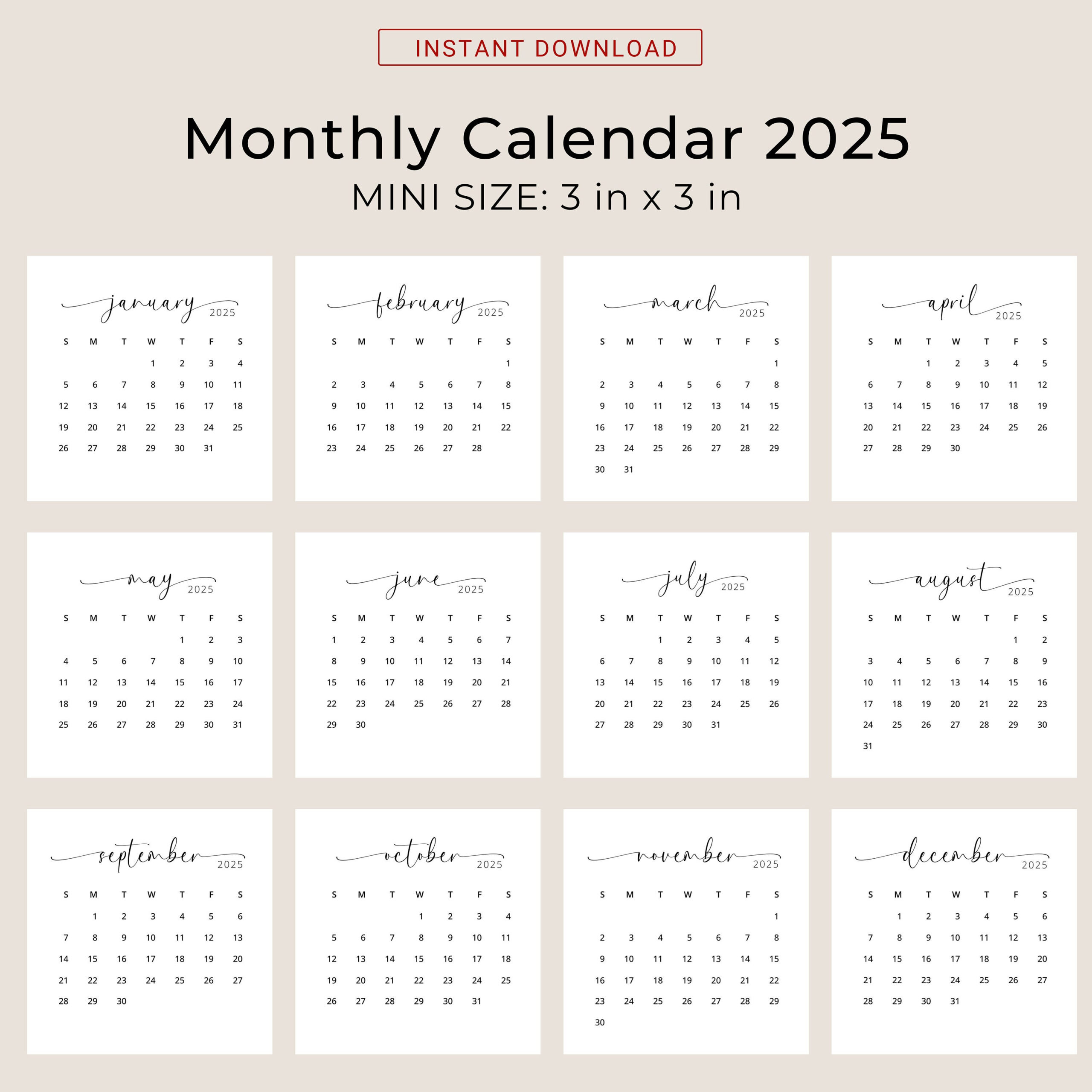 2025 3X3 Mini Calendar 2025 Calendar Card 2025 Pocket Calendar Elegant Printable Calendar Mini 3X3 Inch Calendar Pdf Sunday &amp;amp; Monday Start in Small Printable 2025 Calendar