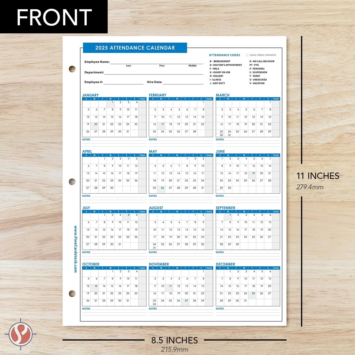 2025 Attendance Calendar Card Stock Paper, Employee Work Tracker for 2025 Employee Attendance Calendar