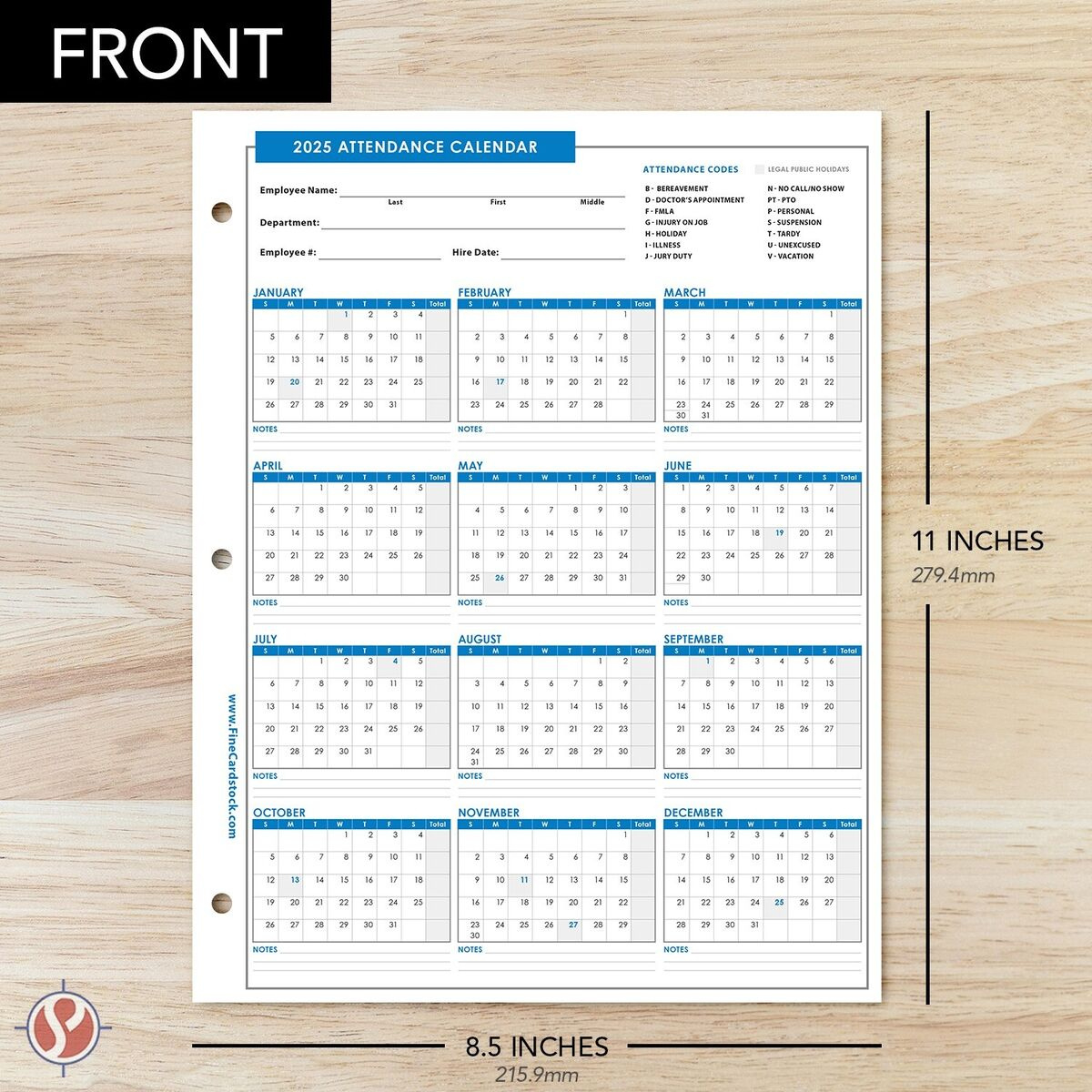 2025 Attendance Calendar Cardstock, Employee Work Tracker, 8.5 X for Attendance Calendar 2025