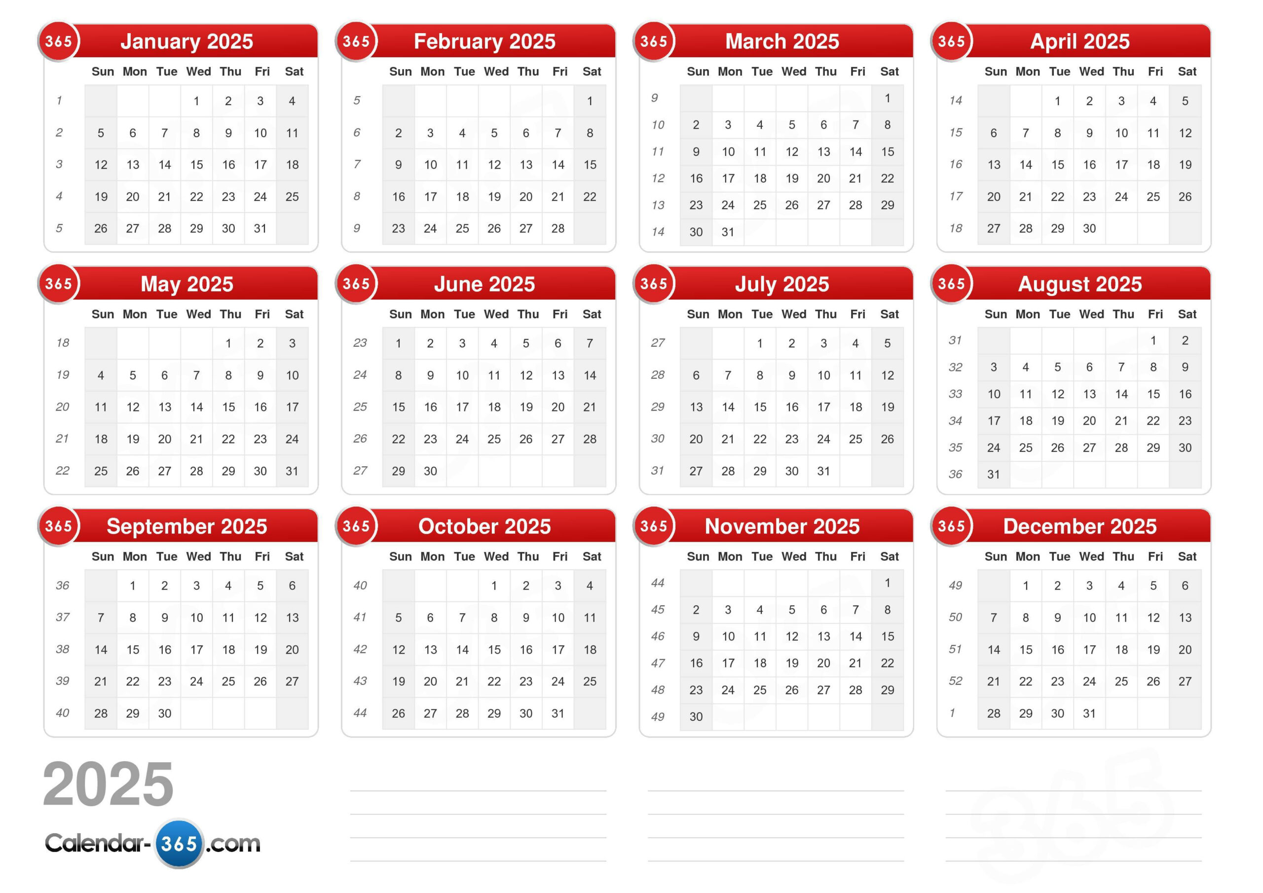 2025 Calendar inside 12 Month 2025 Calendar Printable With Week Numbers