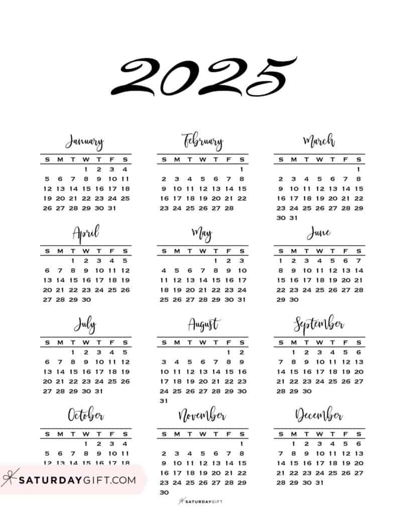 2025 Calendar Printable - 18 Cute &amp;amp; Free 2025 Yearly Calendar inside 2025 Yearly Calendar Printable One Page