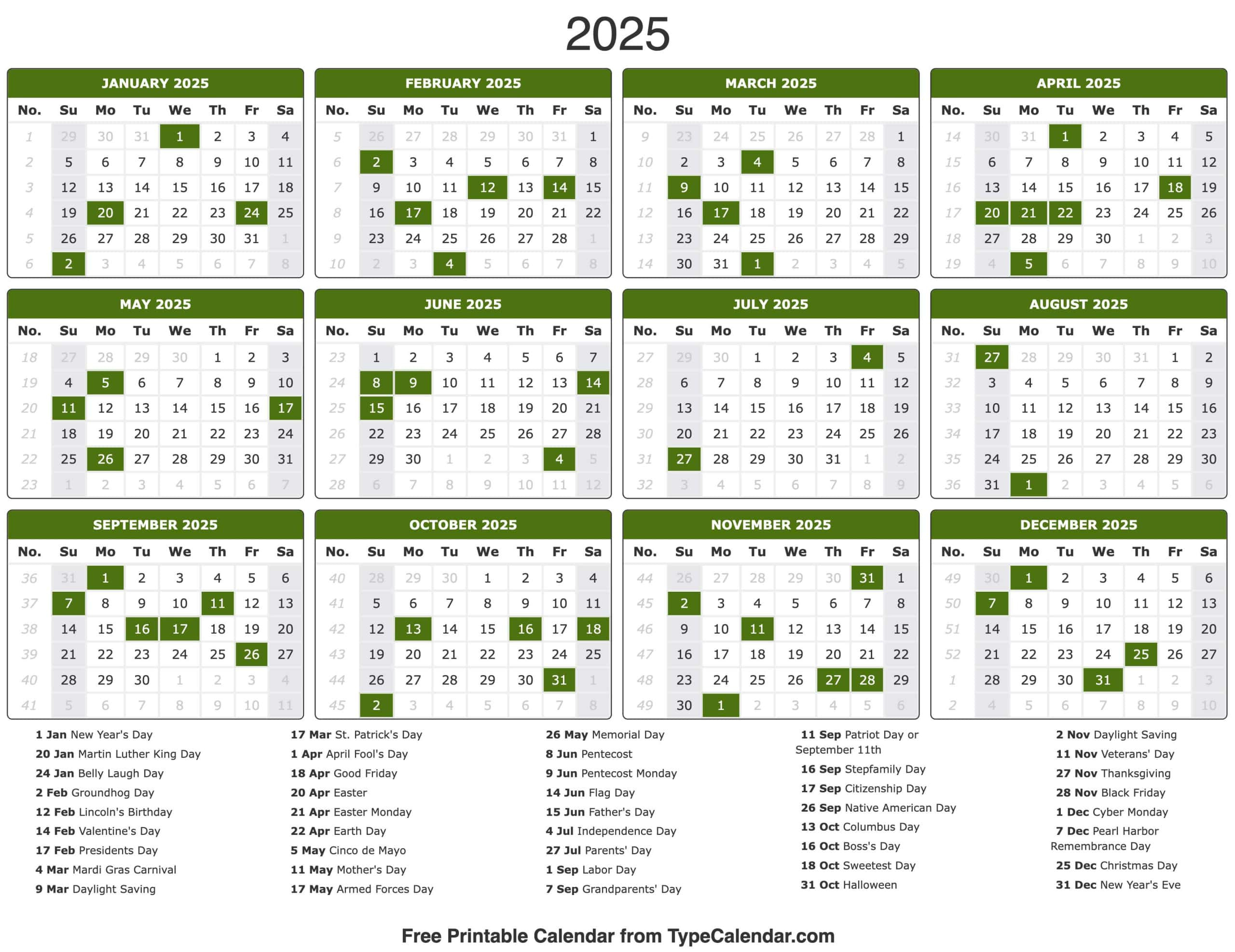 2025 Calendar - Printable Calendar 2025 With Holidays for 2025 Year Calendar With Holidays Printable