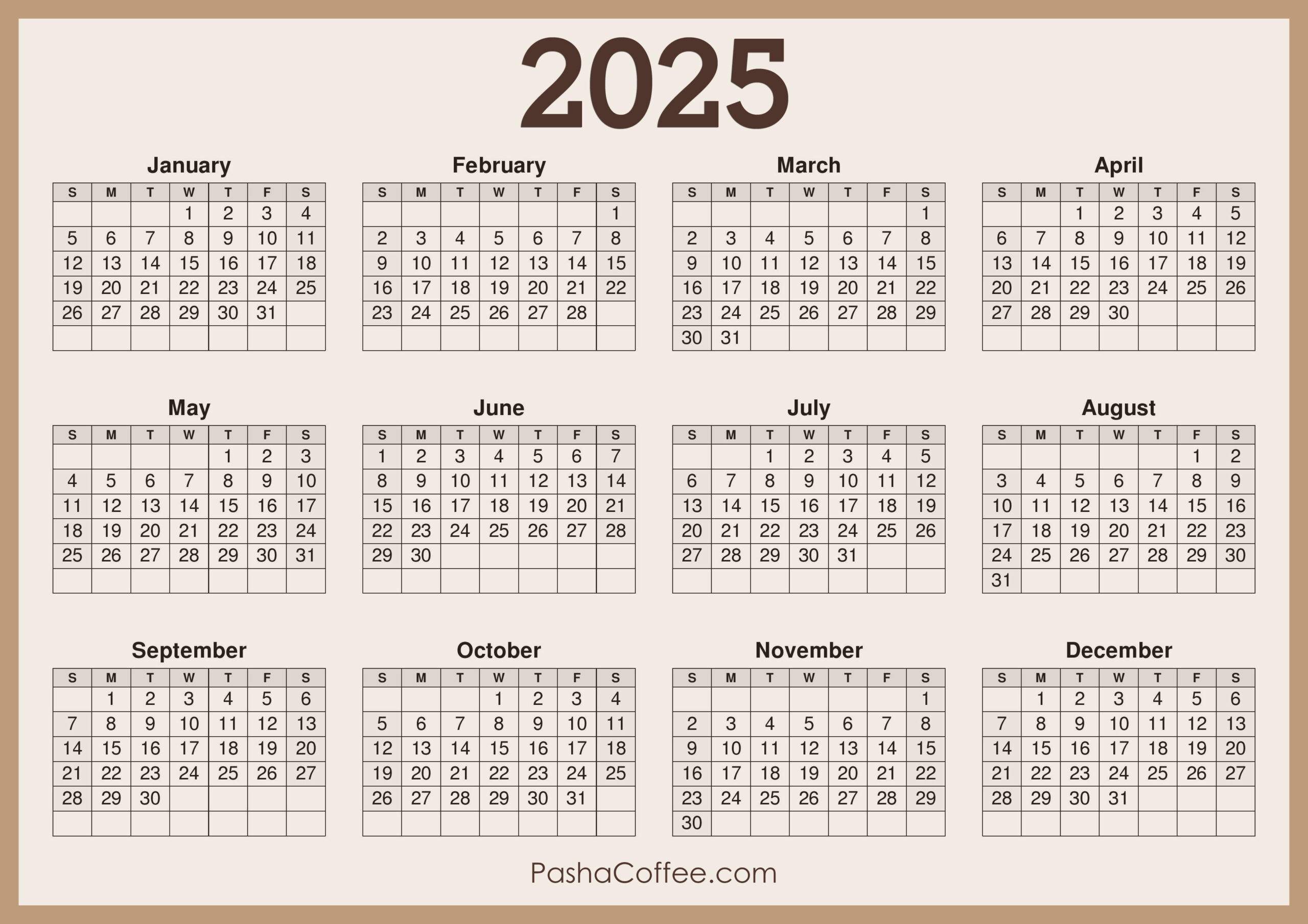 2025 Calendar Printable Free, Horizontal, Beige – Pashacoffee with 2025 Horizontal Calendar Printable