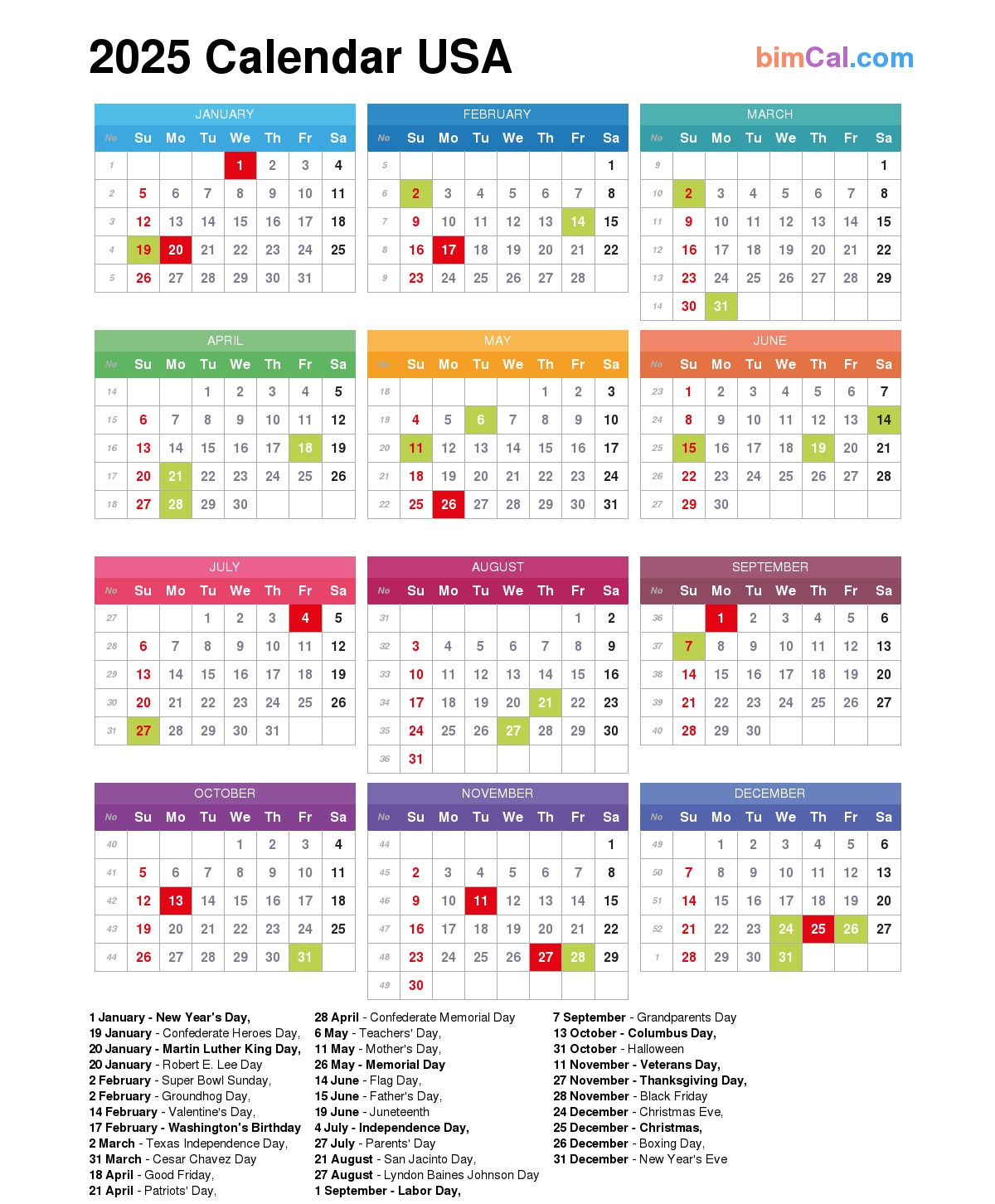 2025 Calendar Usa - Bimcal pertaining to Printable 2025 Calendar With Holidays Usa