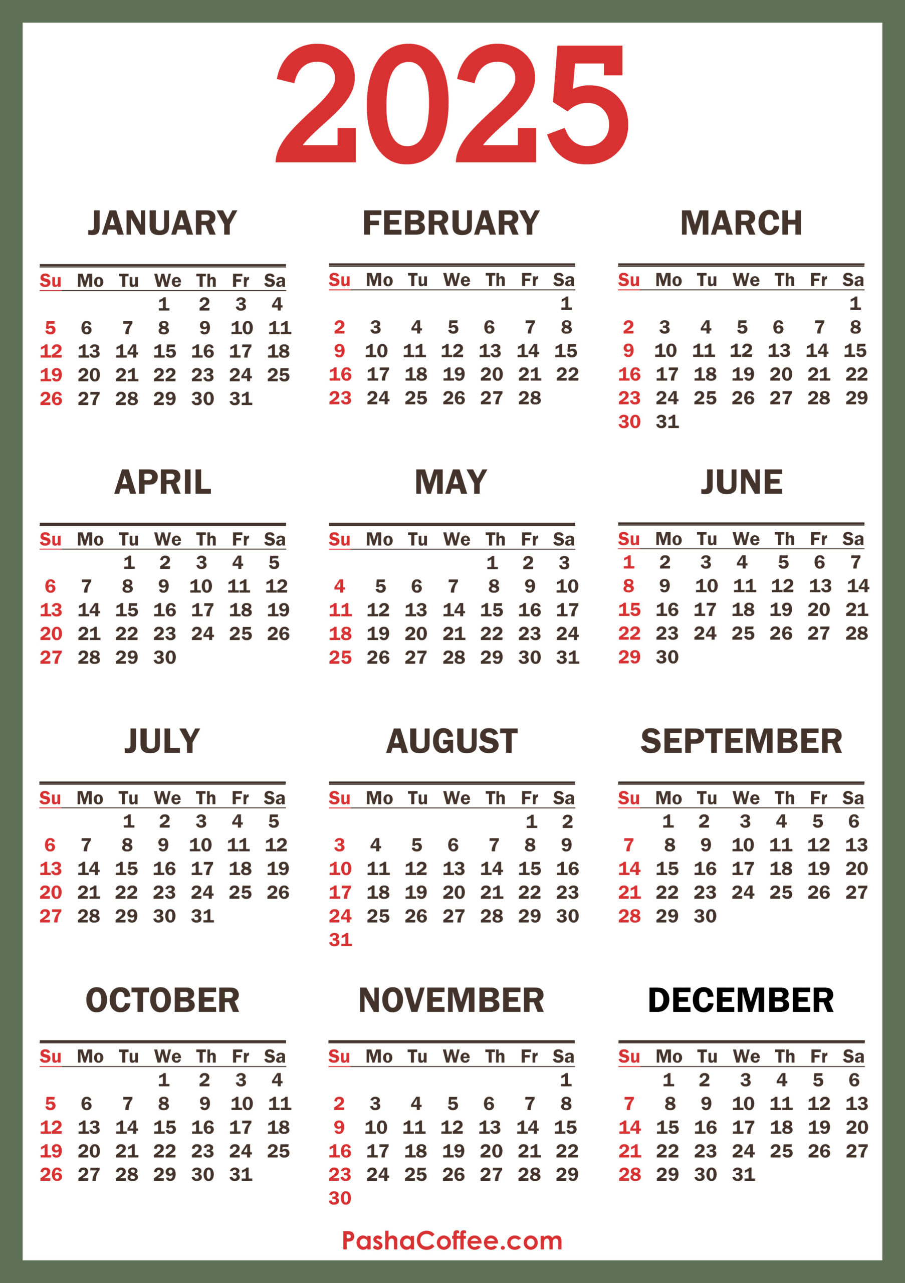 2025 Calendar With Holidays, Printable Free, Vertical, Green for 2025 Calendar With Holidays Printable Free