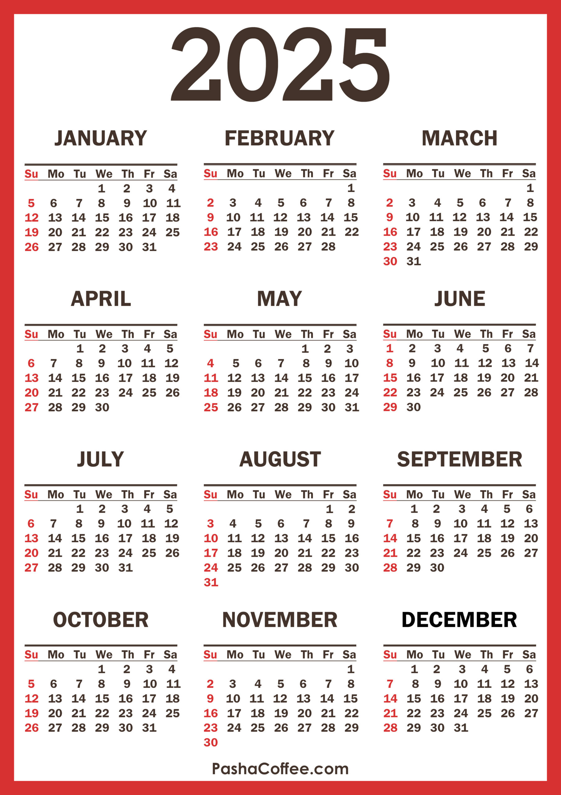 2025 Calendar With Holidays, Printable Free, Vertical, Red with regard to Free Printable Calendar 2025 With Holidays