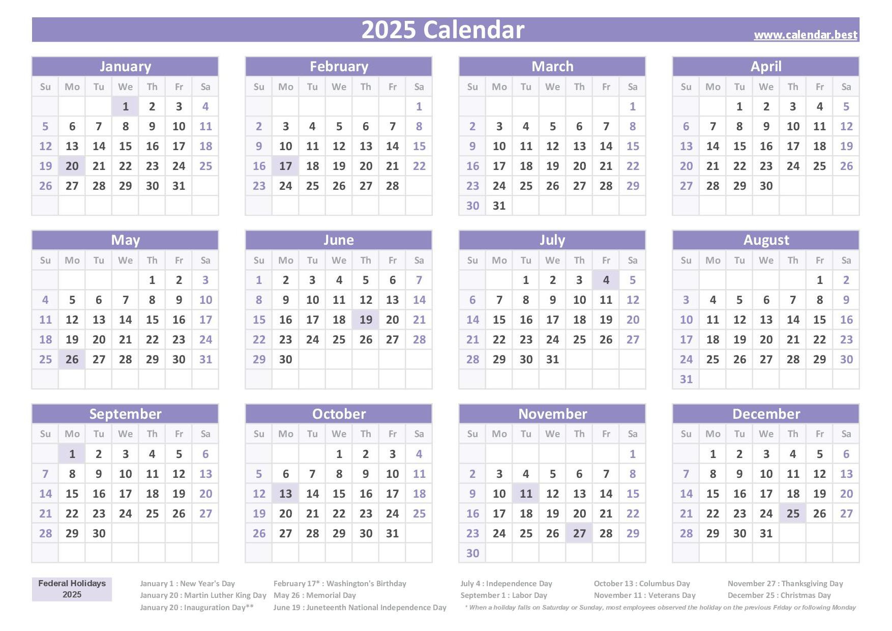 2025 Calendar With Holidays (Us Federal Holidays) for 2025 Printable Calendar With Holidays Printable Free