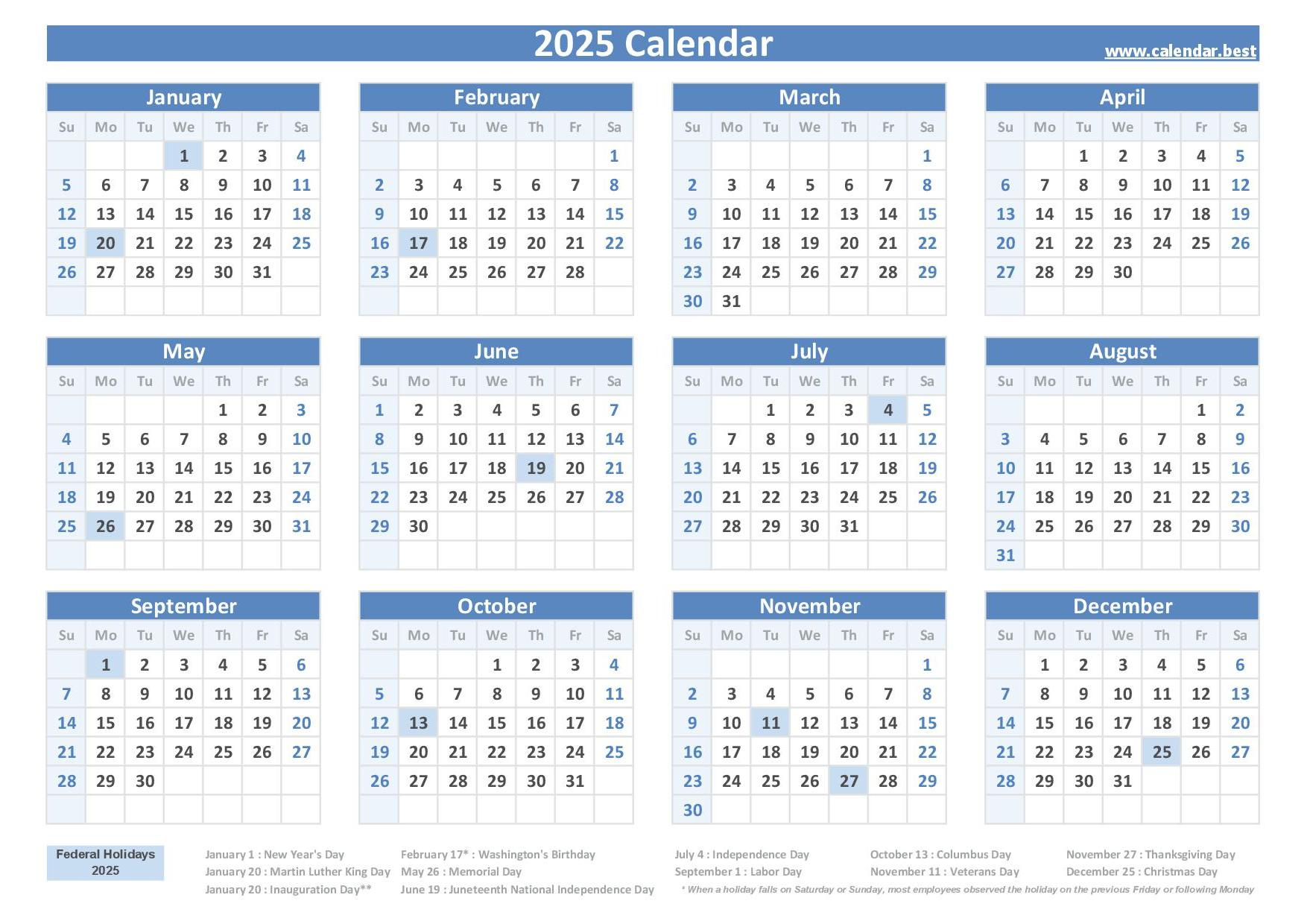 2025 Calendar With Holidays (Us Federal Holidays) regarding 2025 Government Calendar Printable