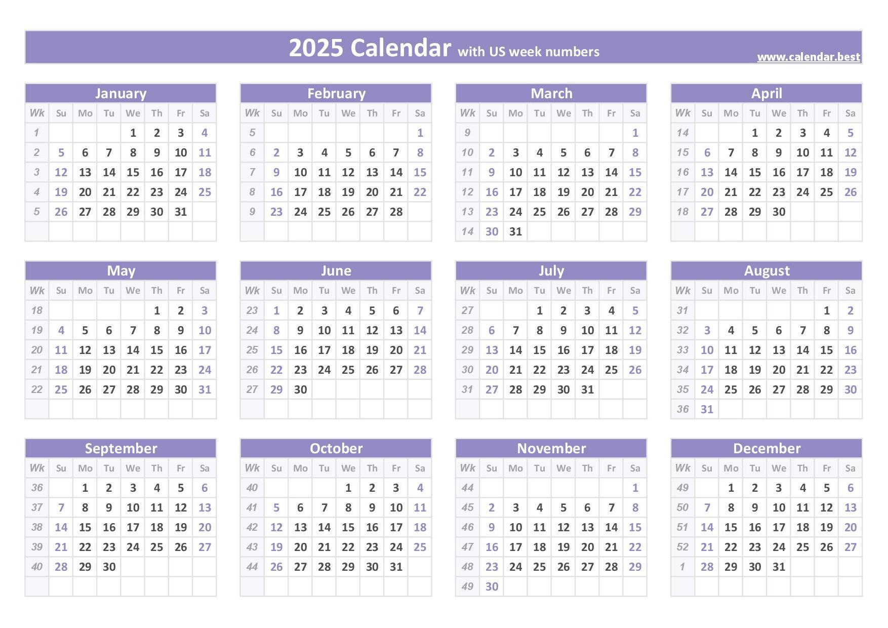 2025 Calendar With Week Numbers for 12 Month 2025 Calendar Printable With Week Numbers