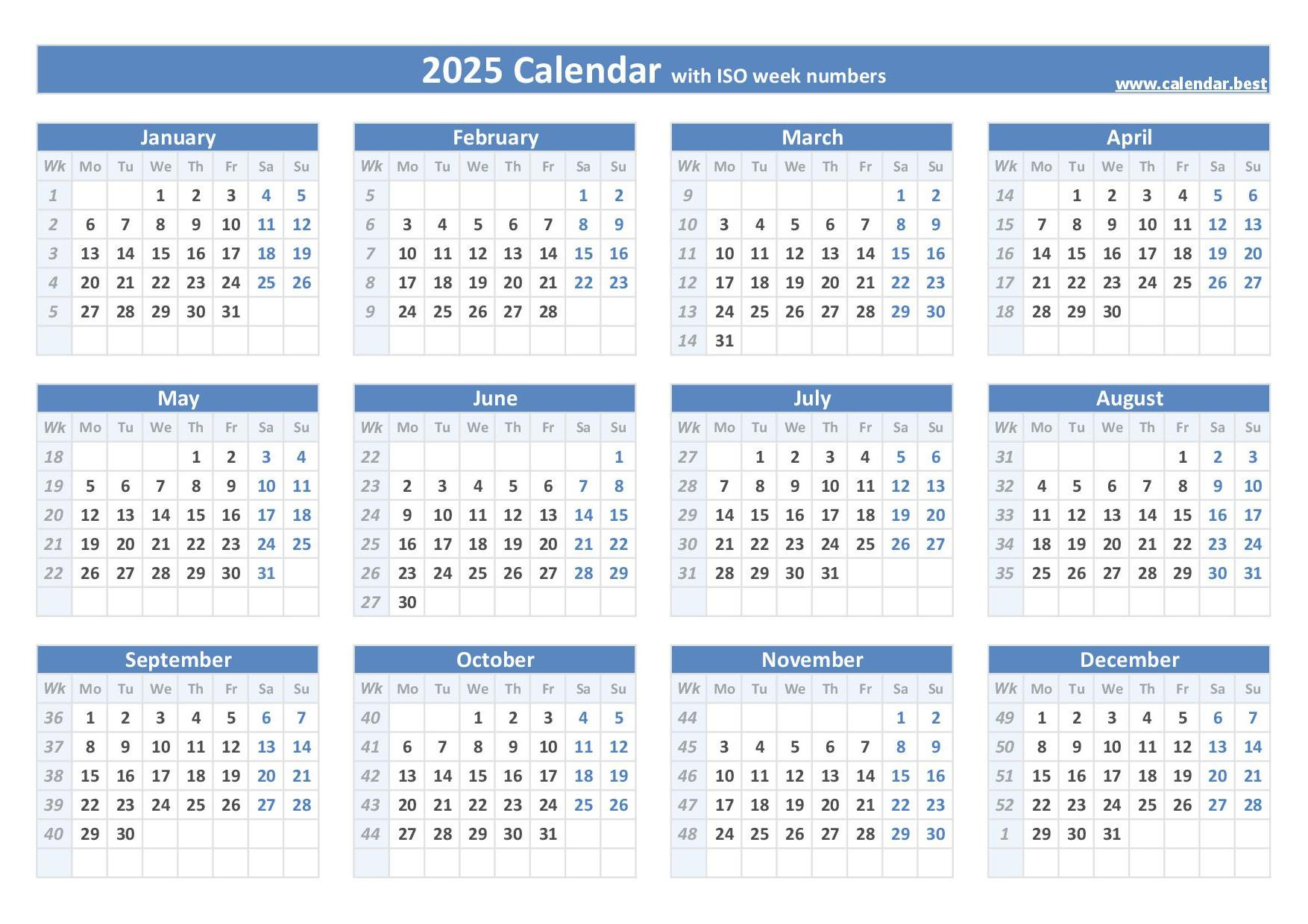 2025 Calendar With Week Numbers (Us And Iso Week Numbers) for 2025 Weekly Calendar Printable