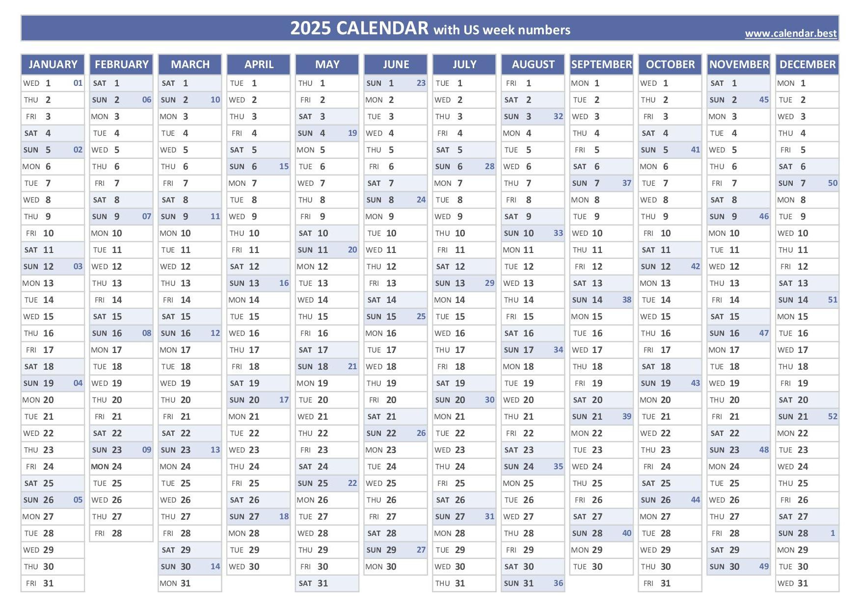 2025 Calendar With Week Numbers (Us And Iso Week Numbers) pertaining to 2025 Printable Calendar With Week Numbers