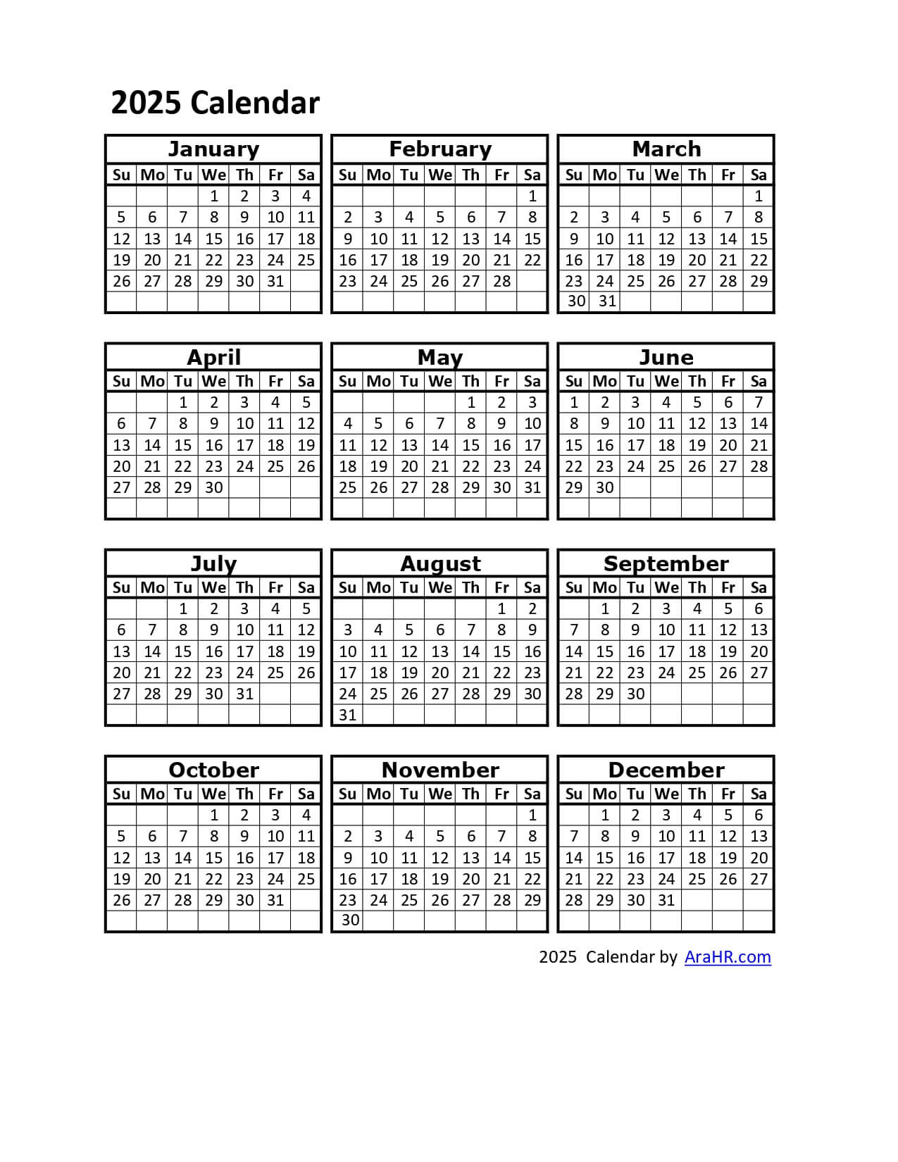 2025 Calendar - Yearly - Monthly - Free - Printable - Template for 2025 Attendance Calendar Printable Free