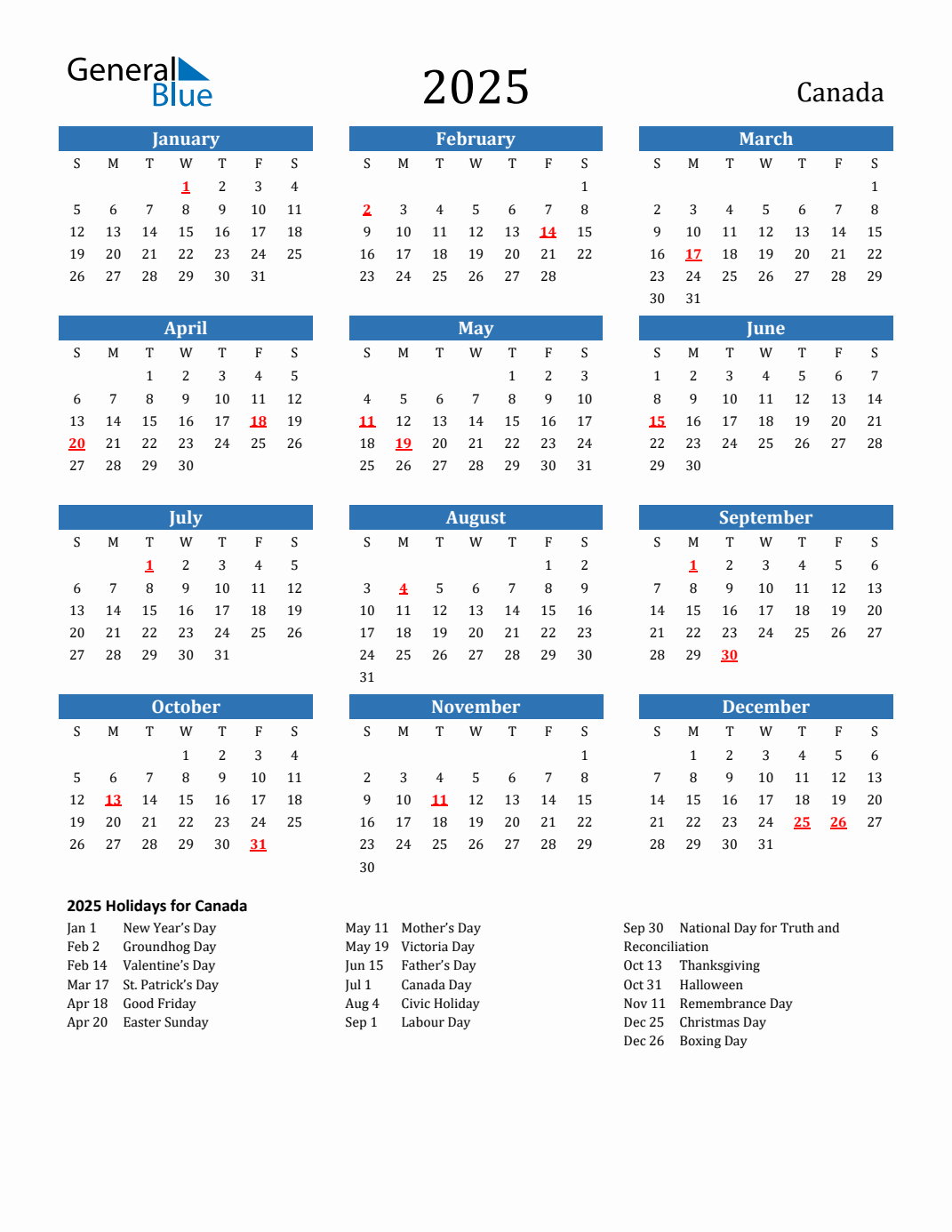 2025 Canada Calendar With Holidays in 2025 Calendar Canada Printable