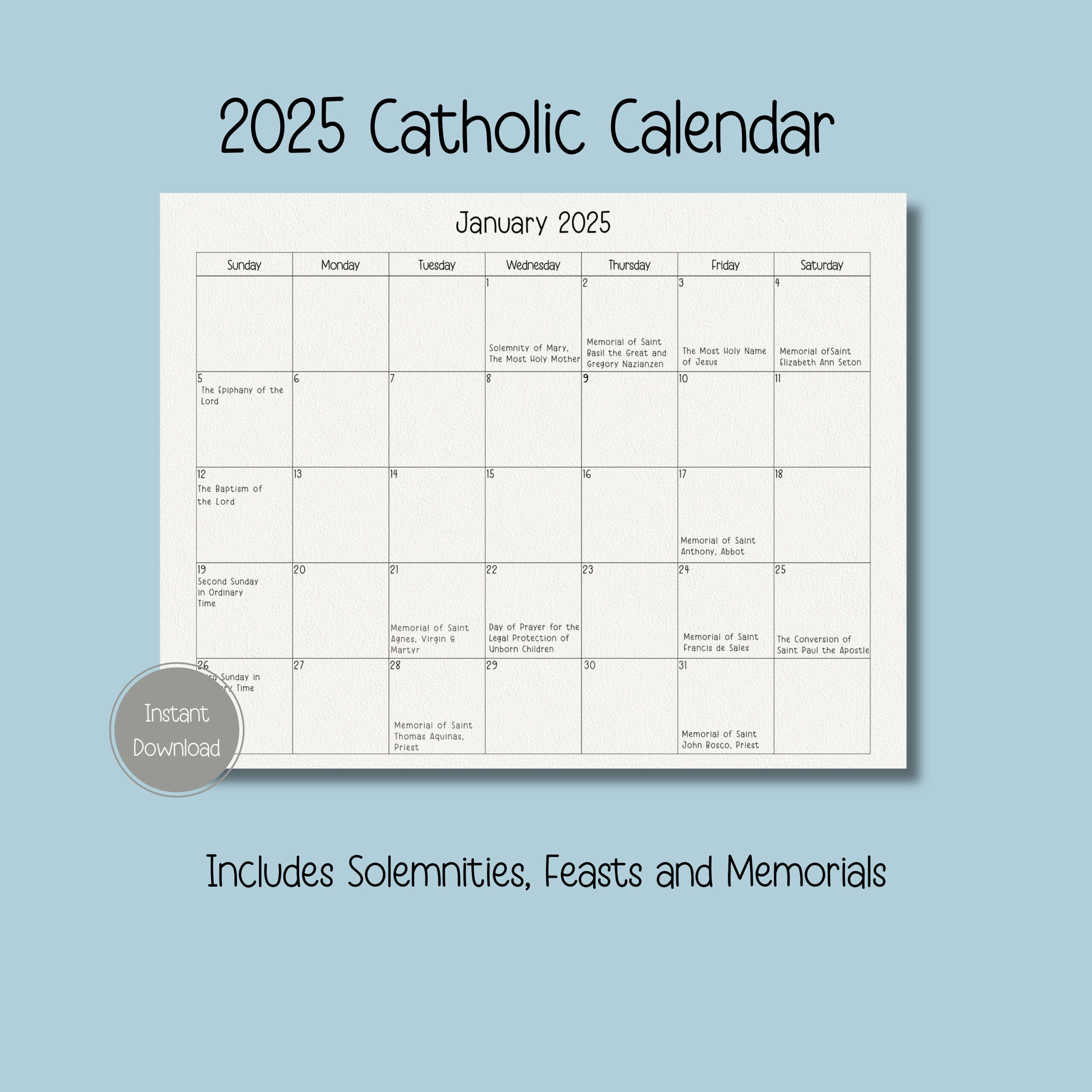 2025 Catholic Calendar, Printable Catholic Calendar, Feasts within Catholic Calendar 2025 Printable