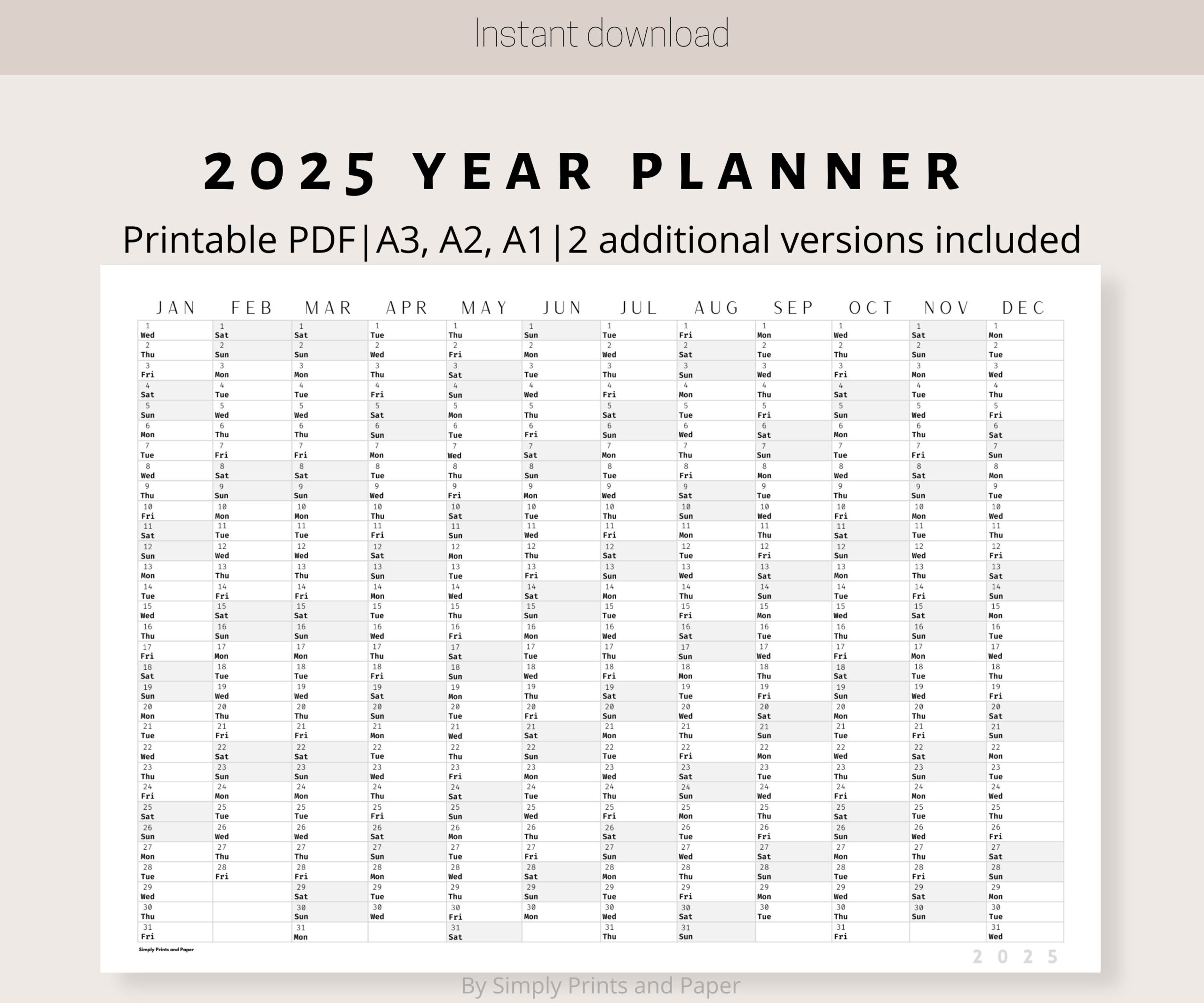 2025 Classic Wall Calendar Printable Yearly Planner Black &amp;amp; White for 2025 Wall Calendar Printable