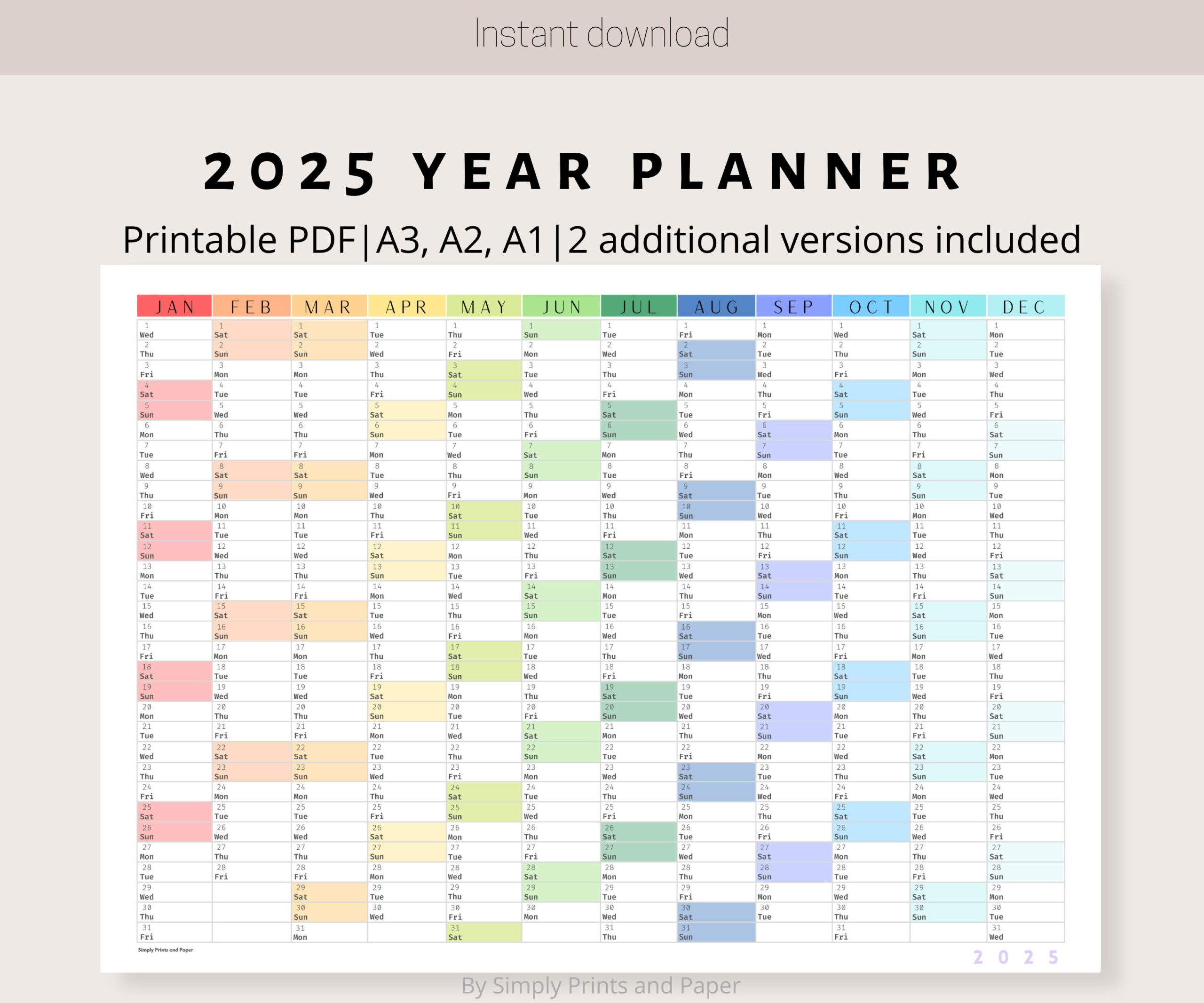 2025 Colorful Wall Calendar Printable Yearly Planner Large Wall with 2025 Wall Calendar Printable