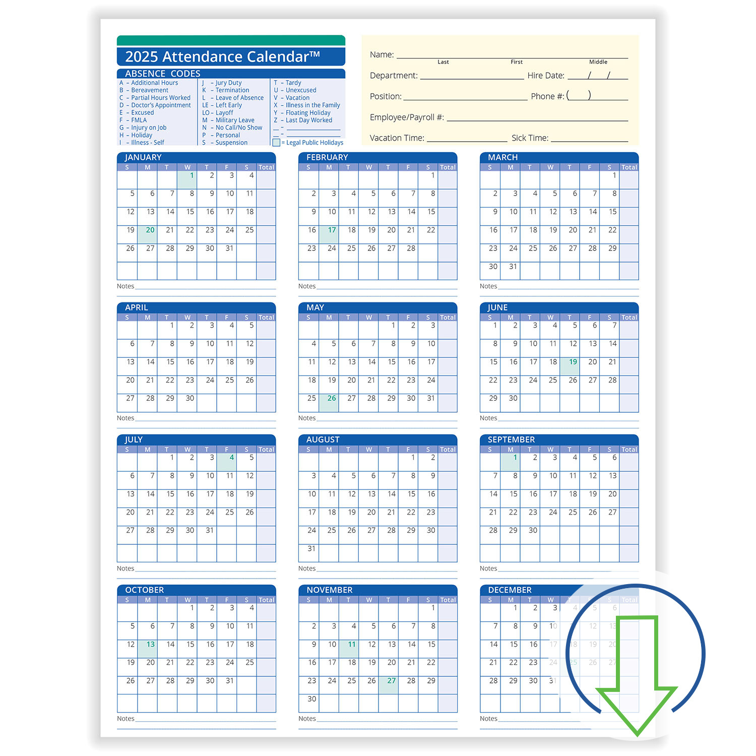 2025 Downloadable Employee Attendance Calendar | Hrdirect throughout 2025 Attendance Calendar Free