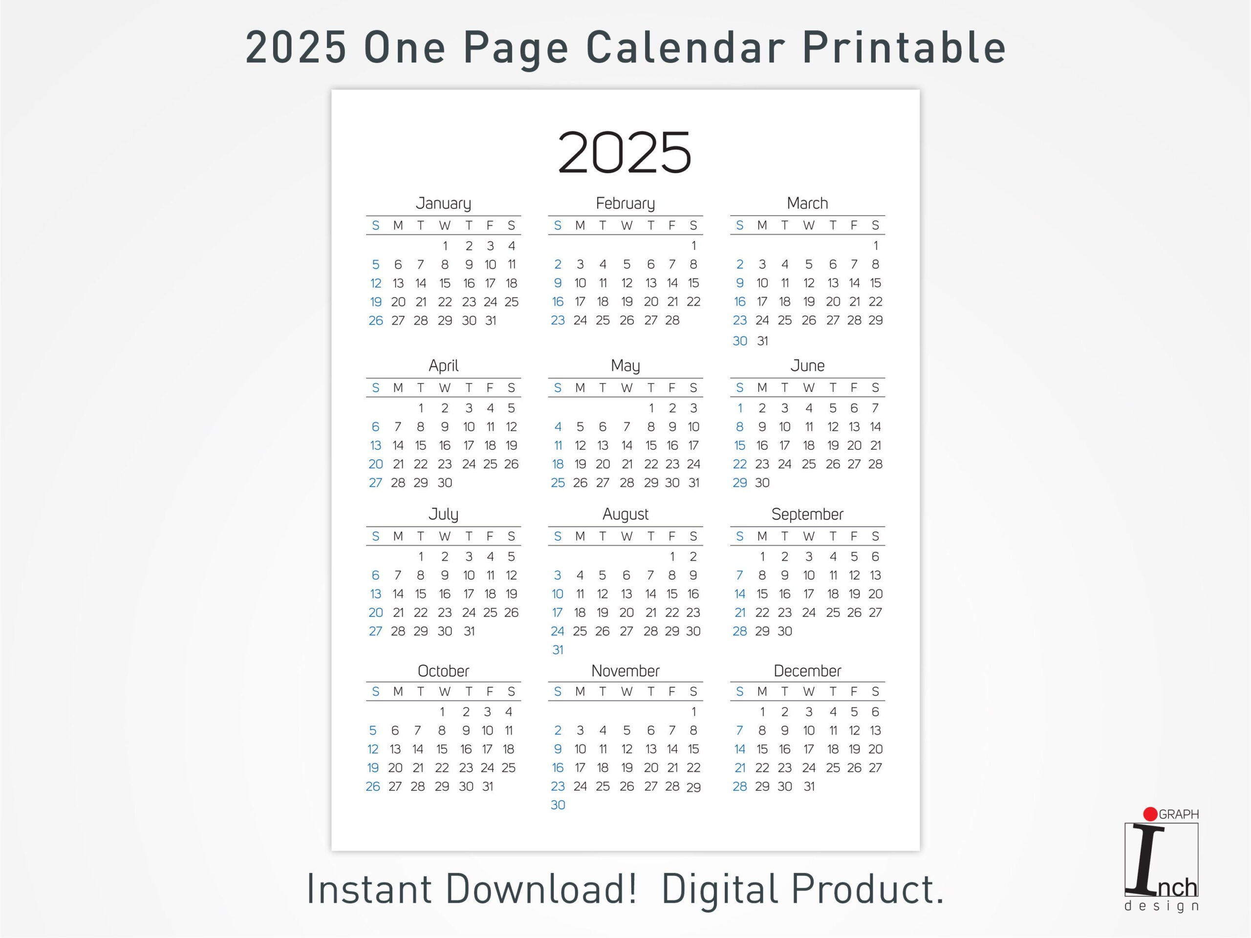 2025 Druckbarer Kalender, 12 Monate Einseitiger Kalender for 12 Month 2025 Calendar Printable