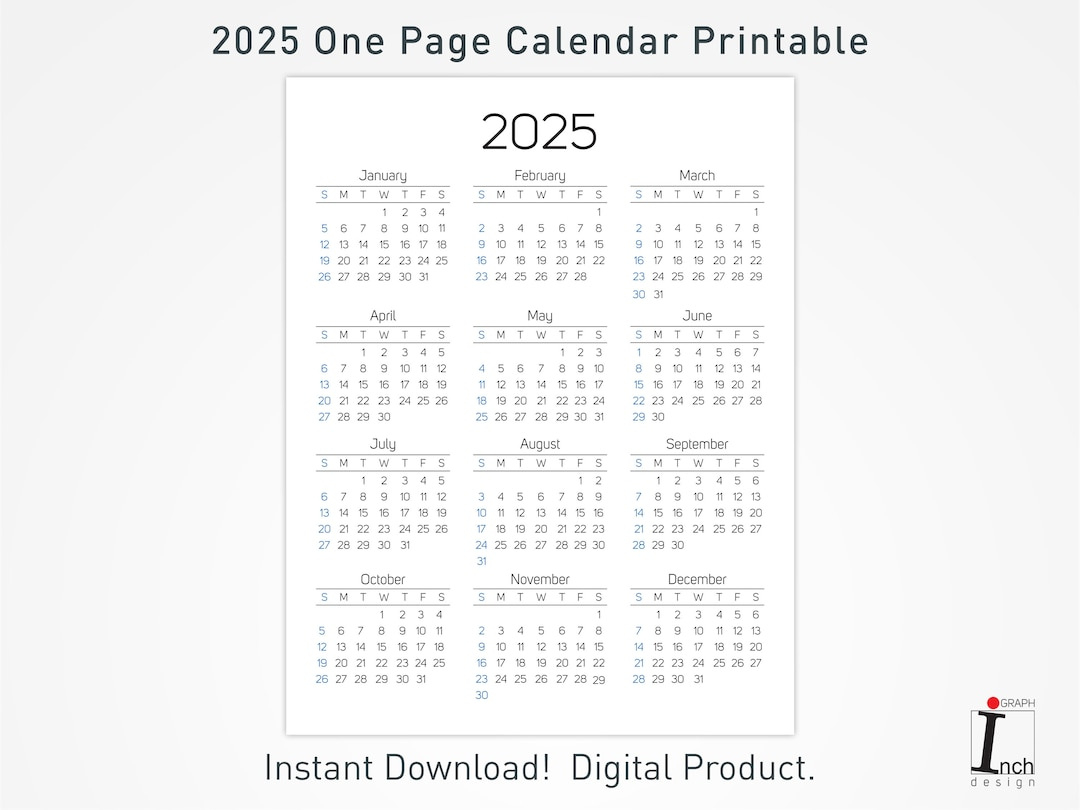 2025 Druckbarer Kalender, 12 Monate Einseitiger Kalender, Wandkalender,  2025 Tischkalender, Minimalistische Hauskalender Dekoration - Etsy.de inside Printable Calendar 2025 All Months On One Page