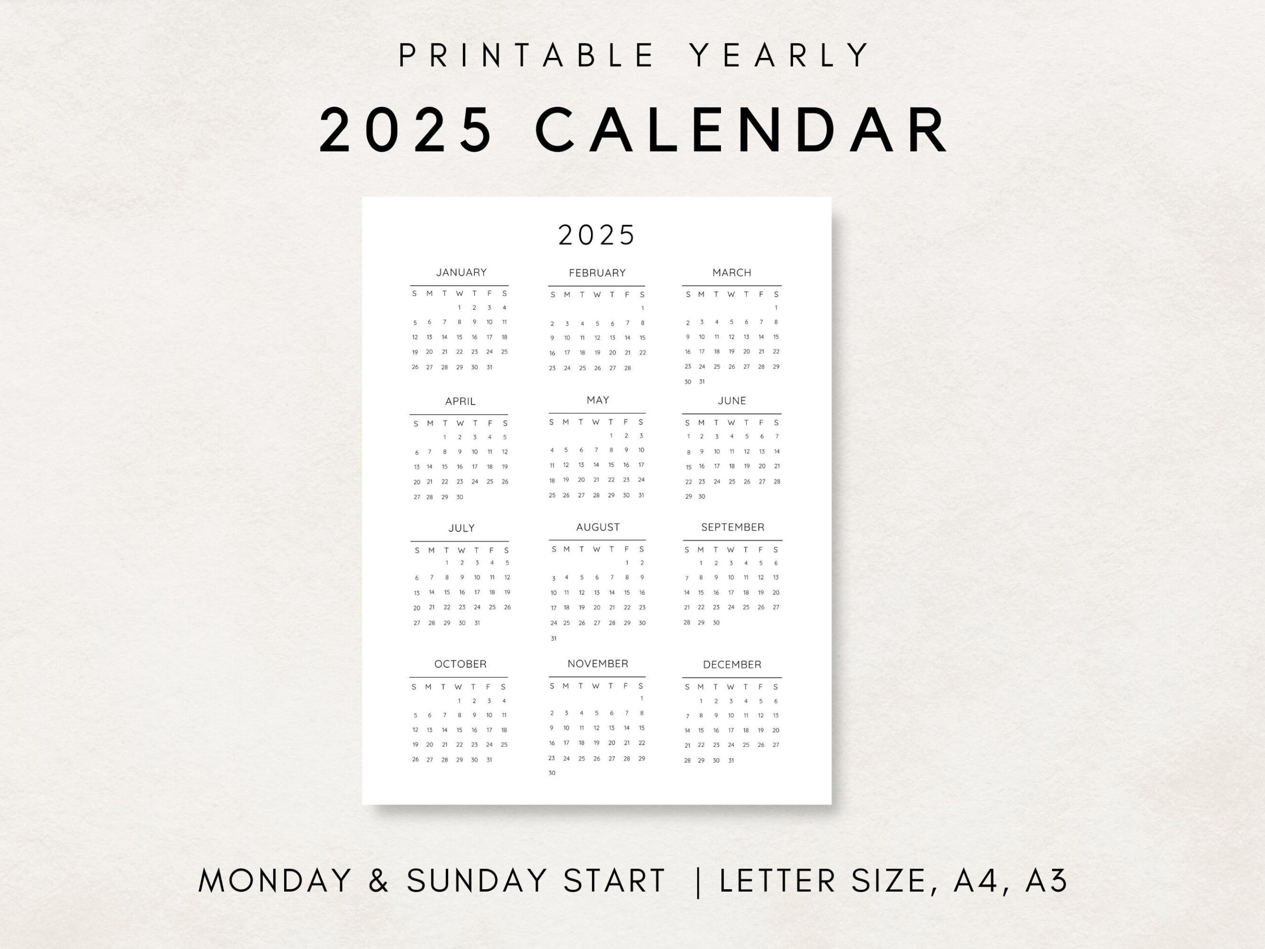 2025 Jahreskalender, Druckbarer Kalender, 2025 Kalender, 2025 in 2025 Annual Calendar Printable