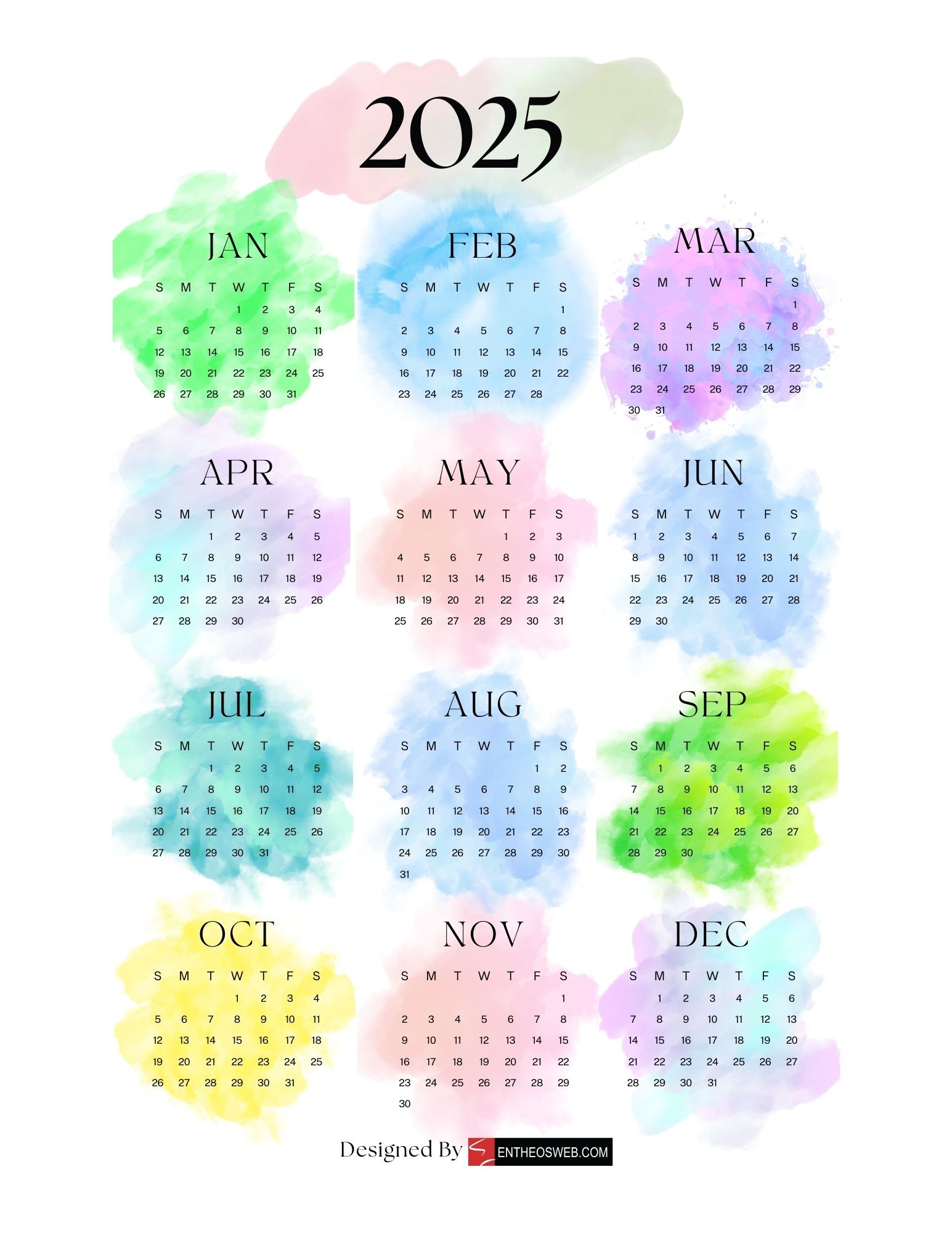 2025 Pdf Calendars – Free Printable Downloads | Entheosweb with regard to Free Printable 2025 Calendar Printable