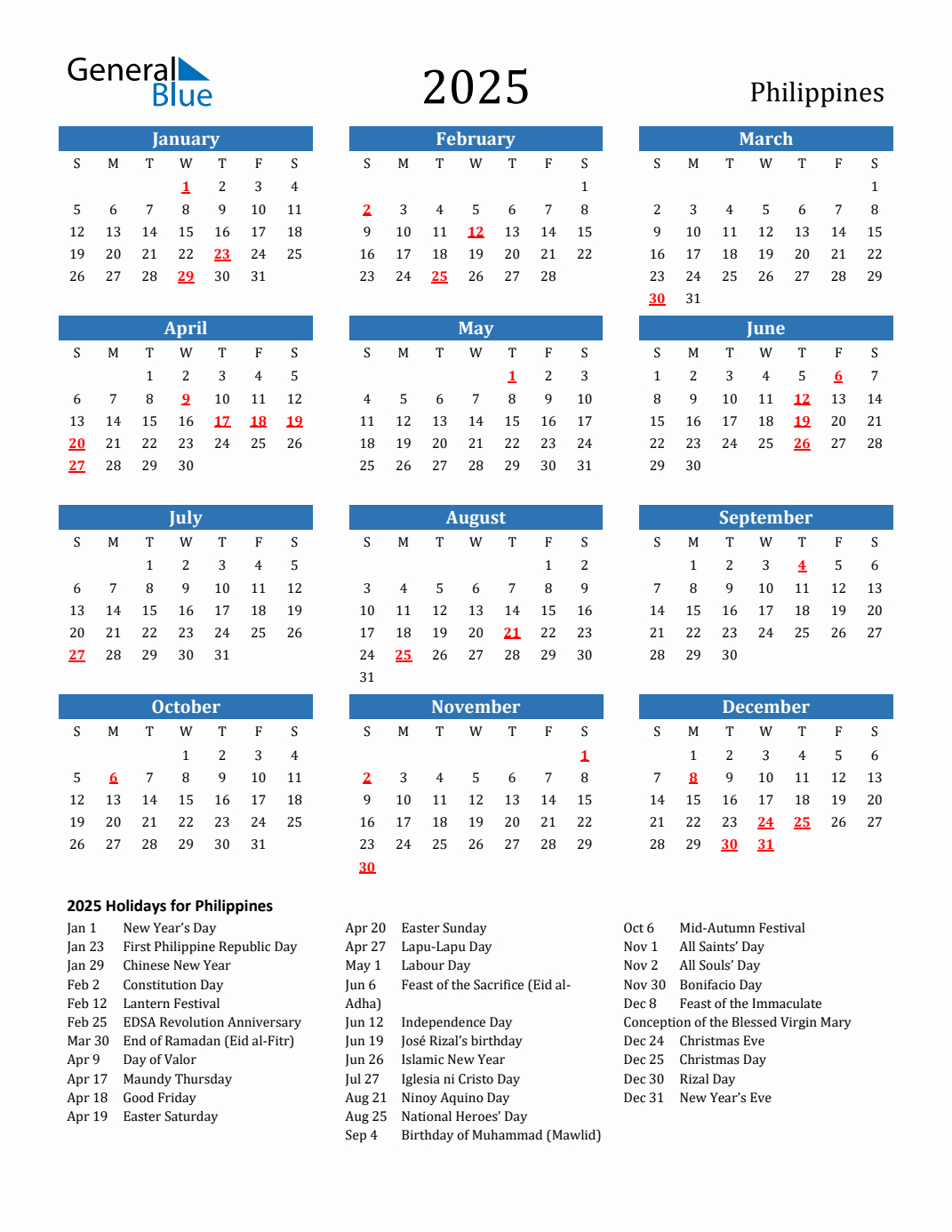 2025 Philippines Calendar With Holidays within 2025 Calendar Philippines With Holidays Printable