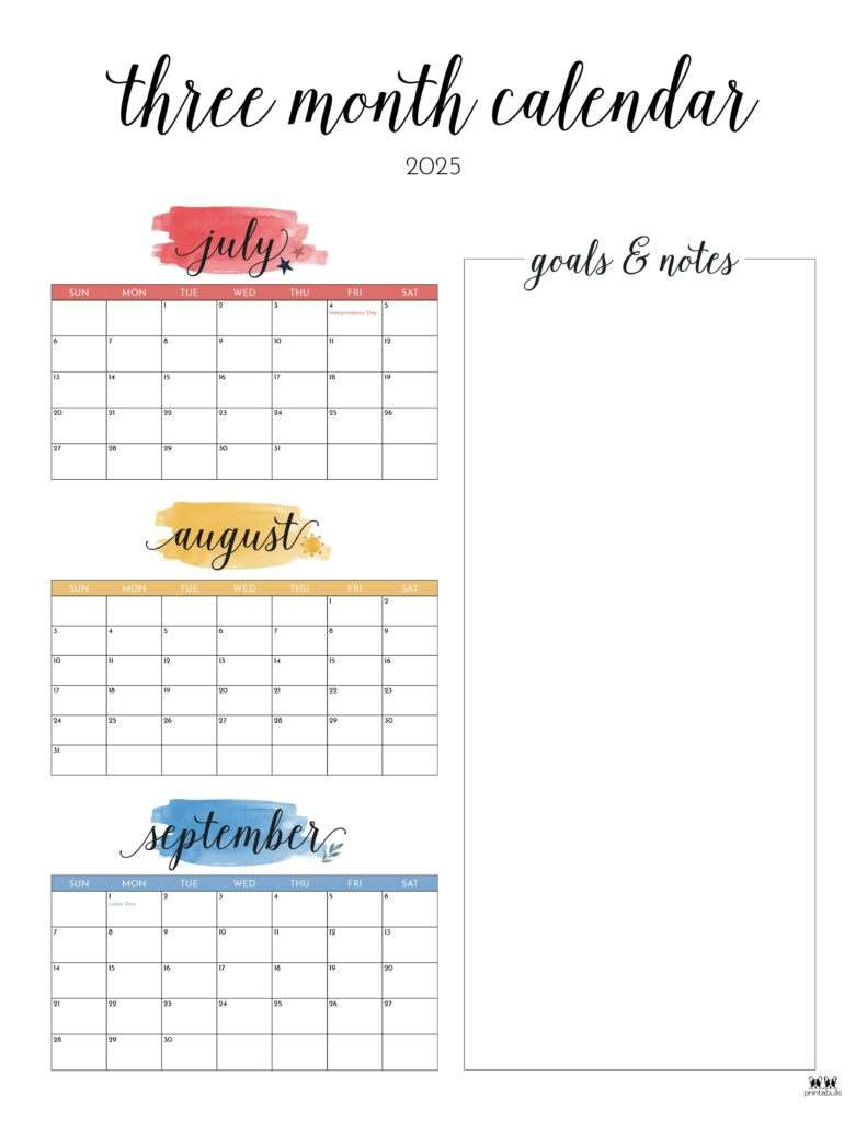 2025 Three Month/Quarterly Calendars - 36 Free Cals | Printabulls for 3 Month 2025 Calendar Printable