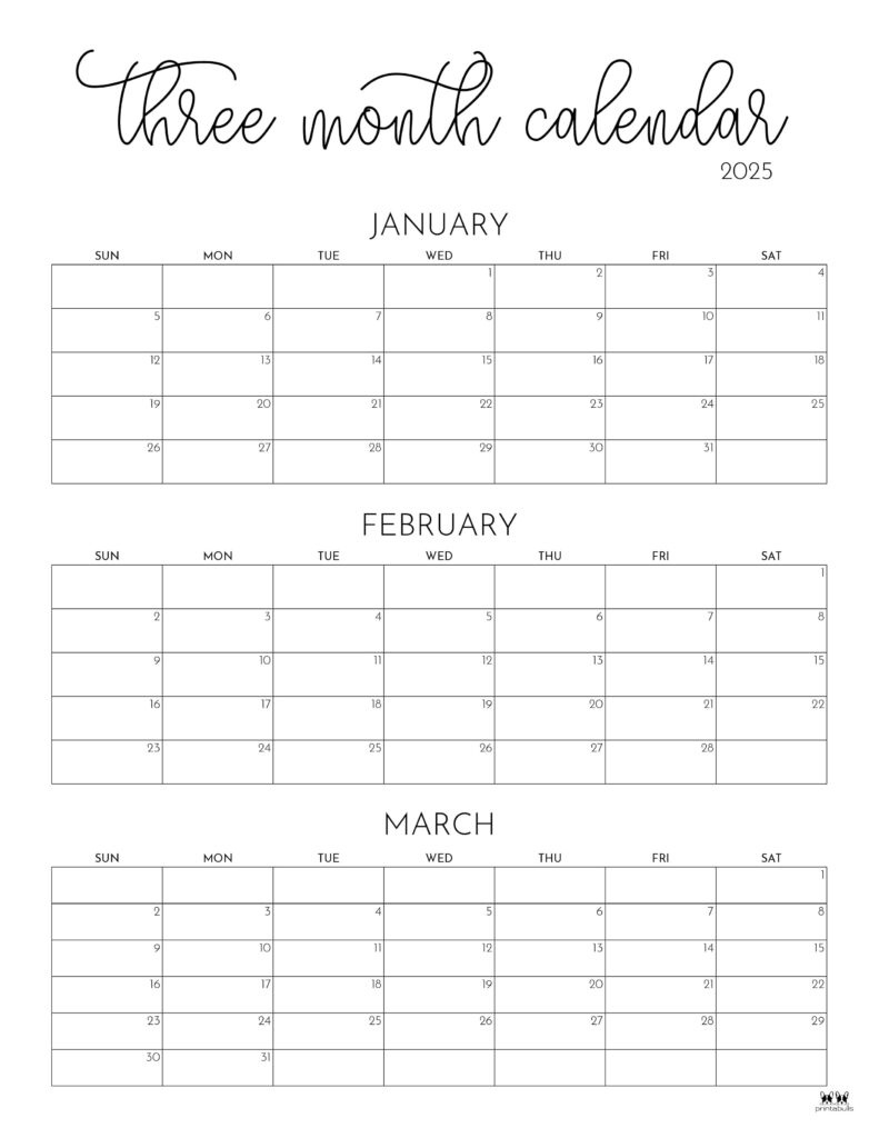 2025 Three Month/Quarterly Calendars - 36 Free Cals | Printabulls for 3 Month Calendar Printable 2025