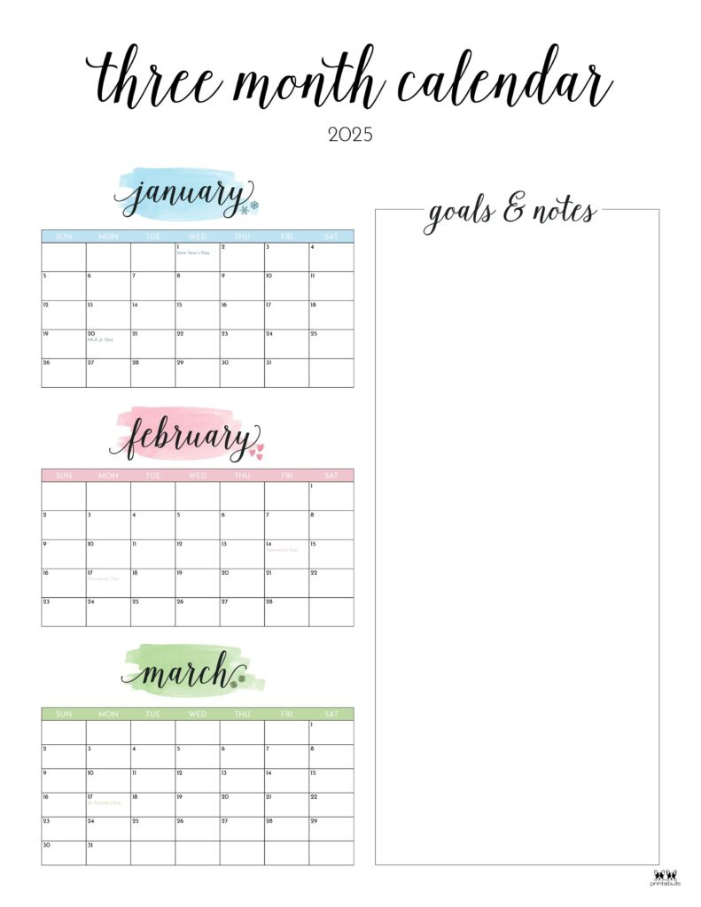 2025 Three Month/Quarterly Calendars - 36 Free Cals | Printabulls regarding 2025 3 Month Calendar Printable