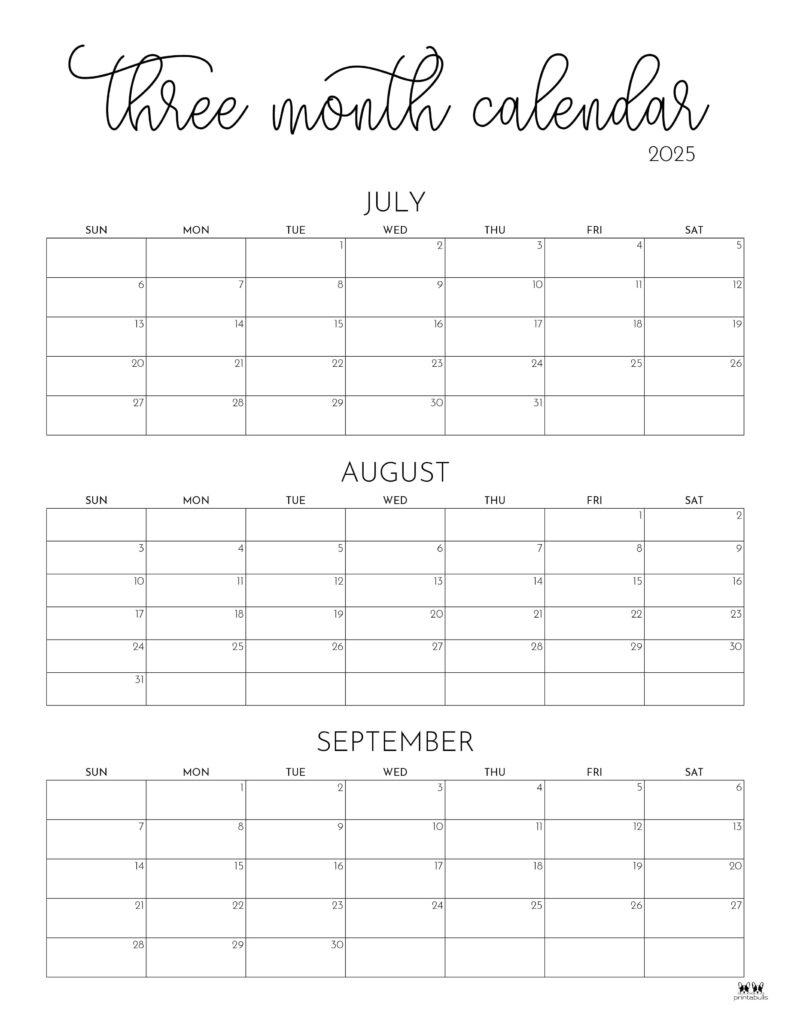 2025 Three Month/Quarterly Calendars - 36 Free Cals | Printabulls with Free Printable 3 Month Calendar 2025