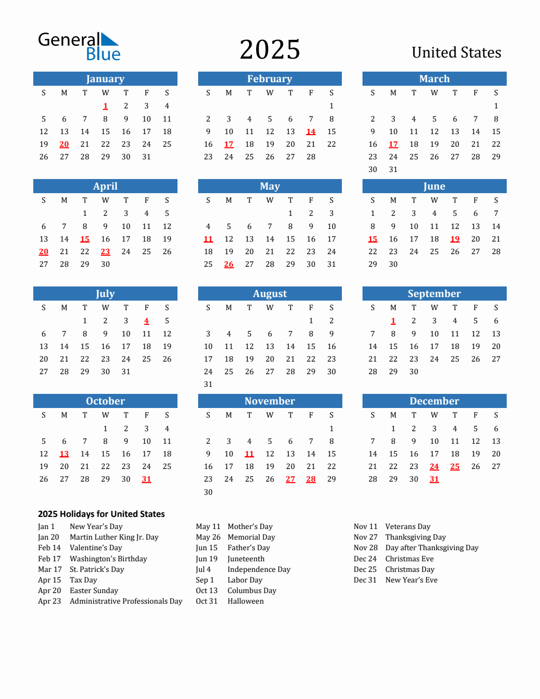 2025 United States Calendar With Holidays for 2025 Calendar With Holidays Printable