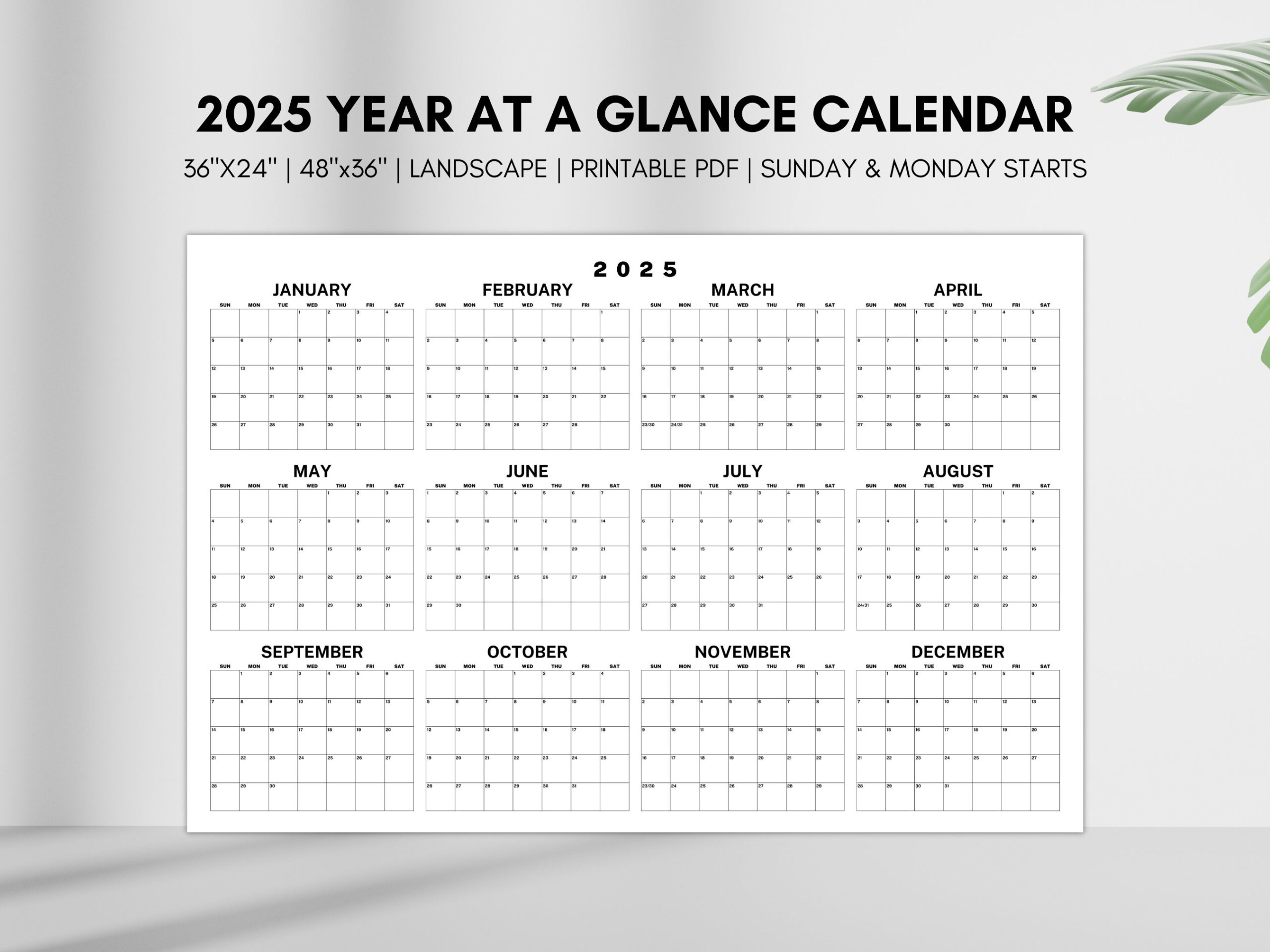 2025 Year At A Glance Calendar, Large Horizontal 2025 Calendar for 2025 Calendar At A Glance Printable