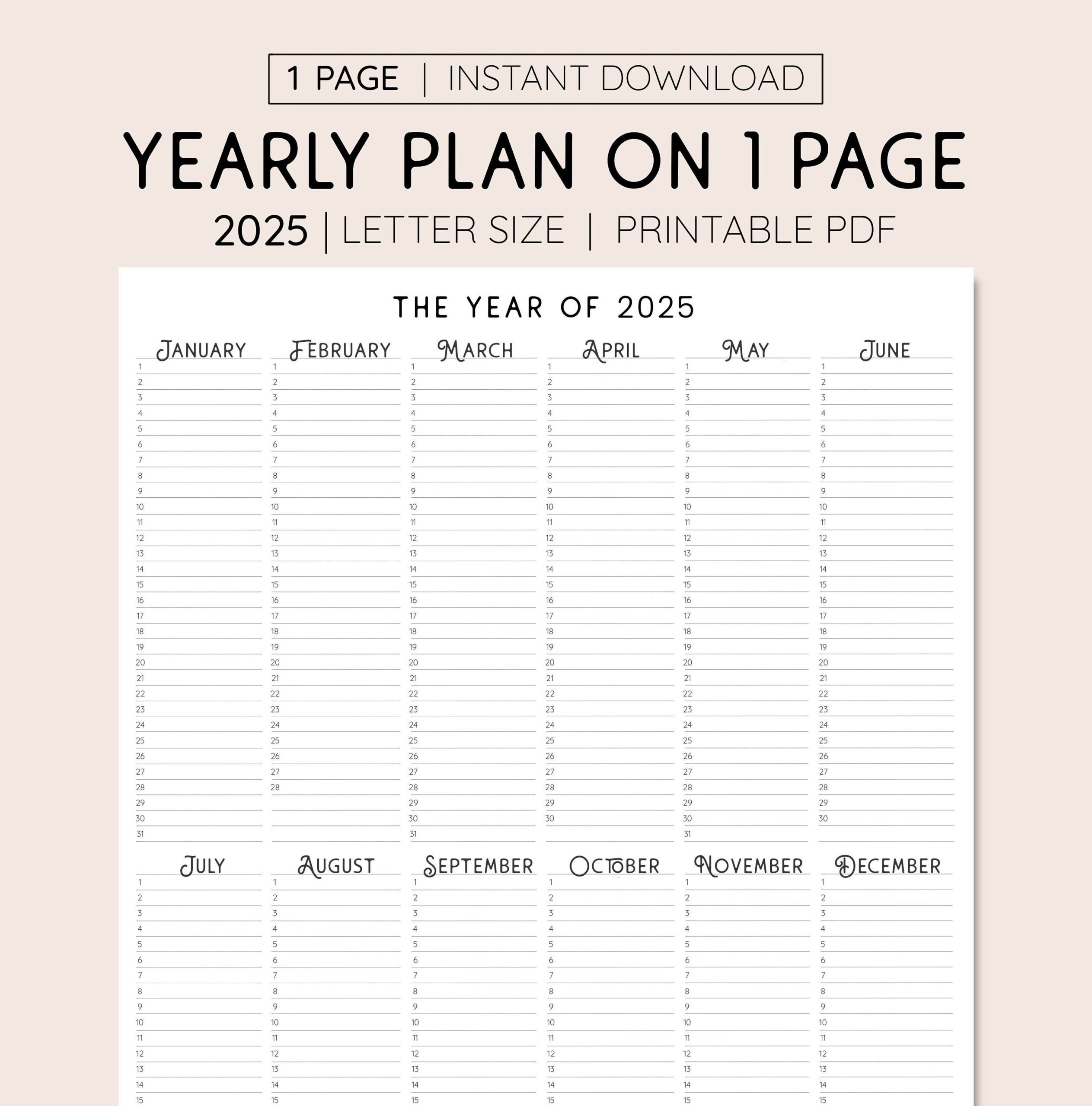 2025 Year At A Glance, Instant Download, Yearly Overview for 2025 Planner Calendar Printable