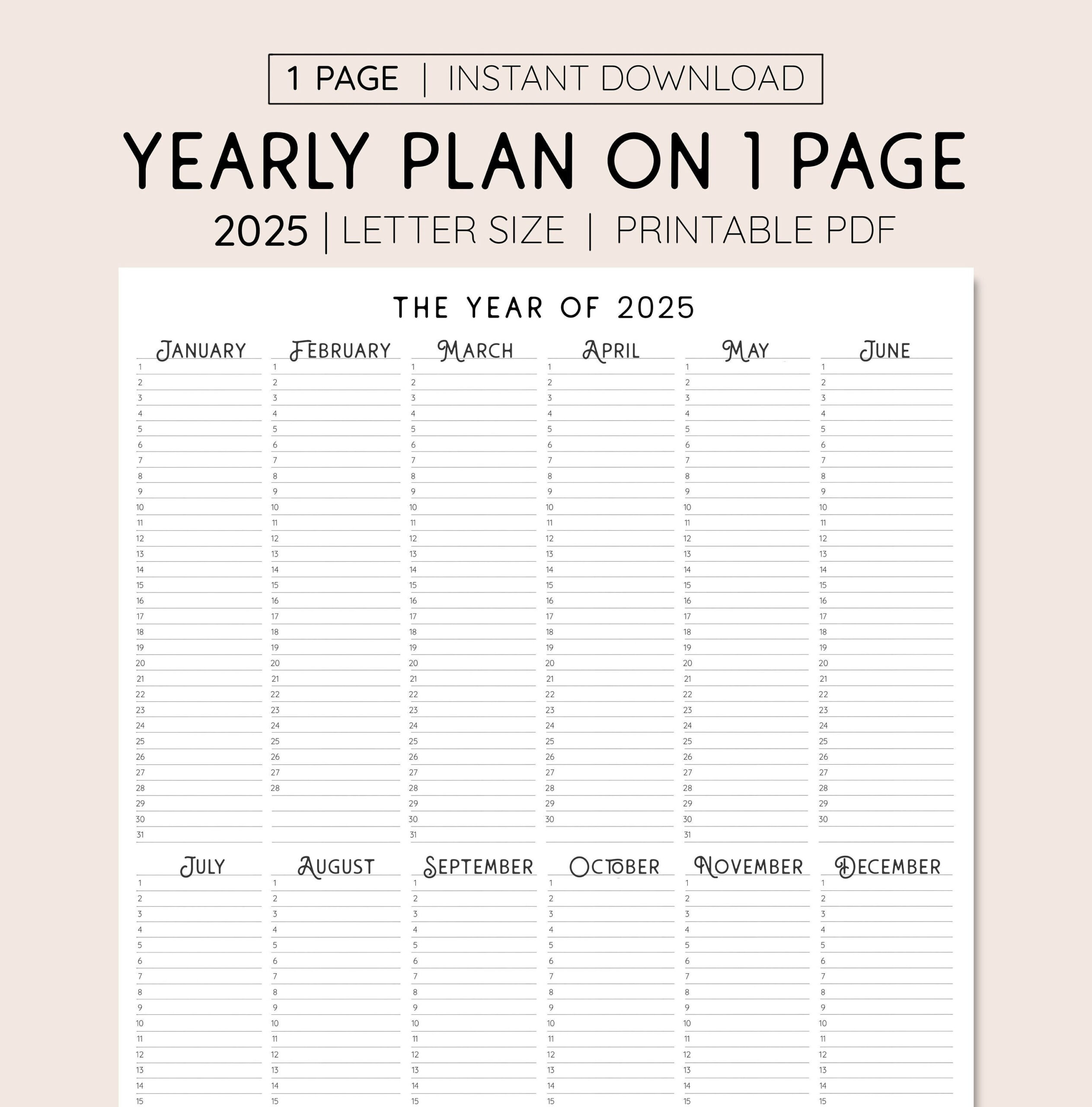 2025 Year At A Glance, Instant Download, Yearly Overview inside 2025 Calendar Planner Printable