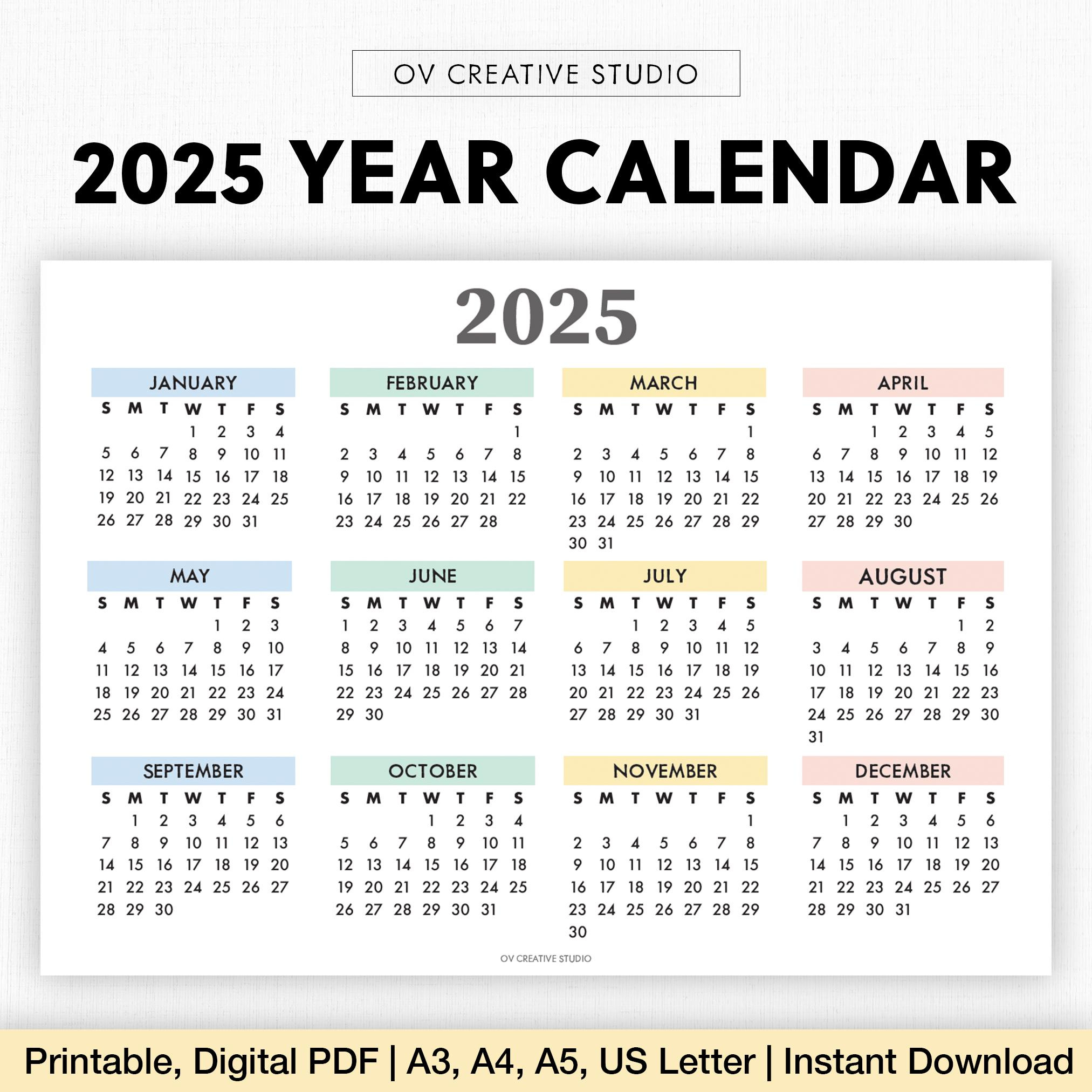 2025 Year Calendar Printable Year At A Glance Digital Download with regard to Printable 5 Year Calendar 2020 To 2025