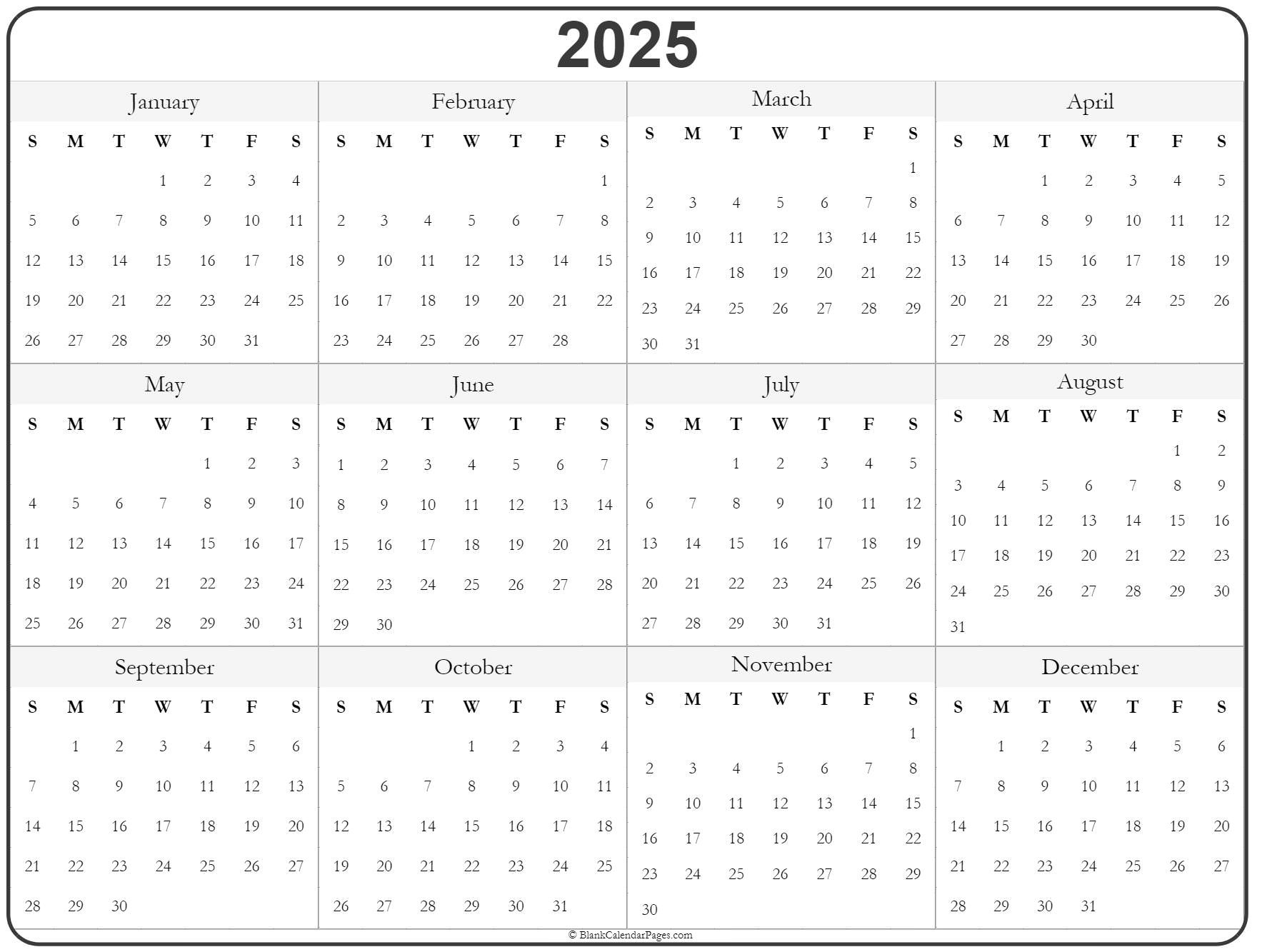 2025 Year Calendar | Yearly Printable for 2025 Printable Year Calendar