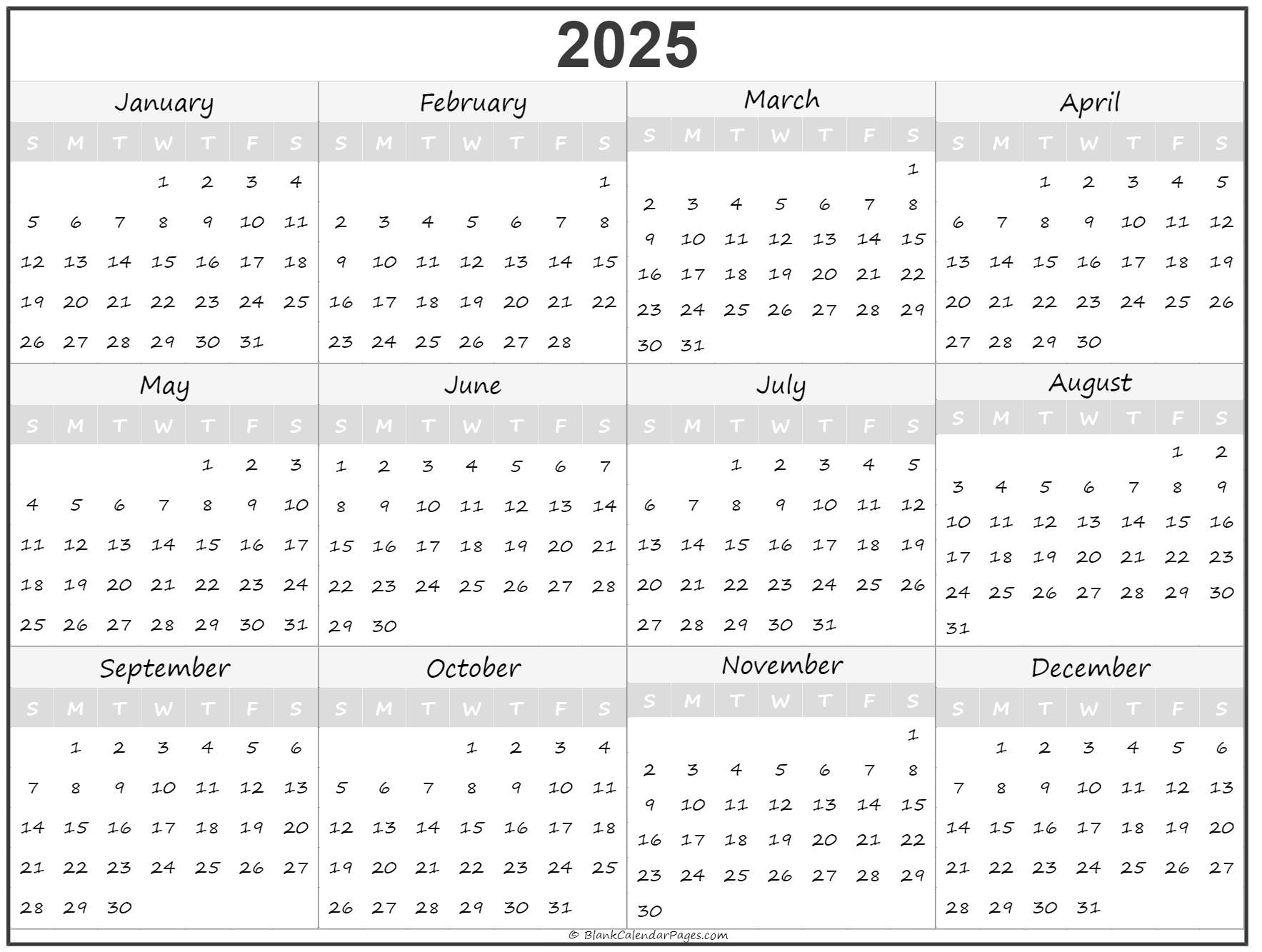 2025 Year Calendar | Yearly Printable in Year Calendar 2025 Printable