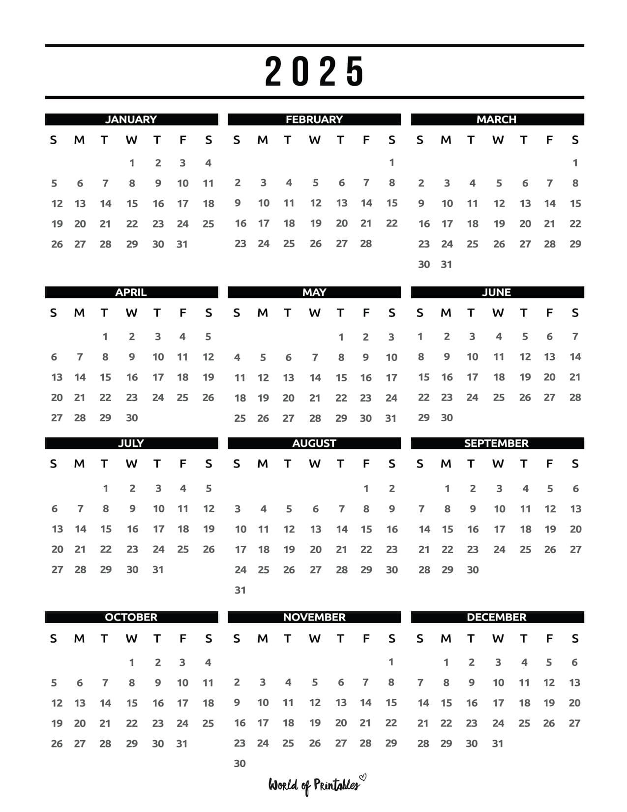 2025 Year Calendars - 70 Best Printables - World Of Printables for Free Printable 2025 Calendar One Page