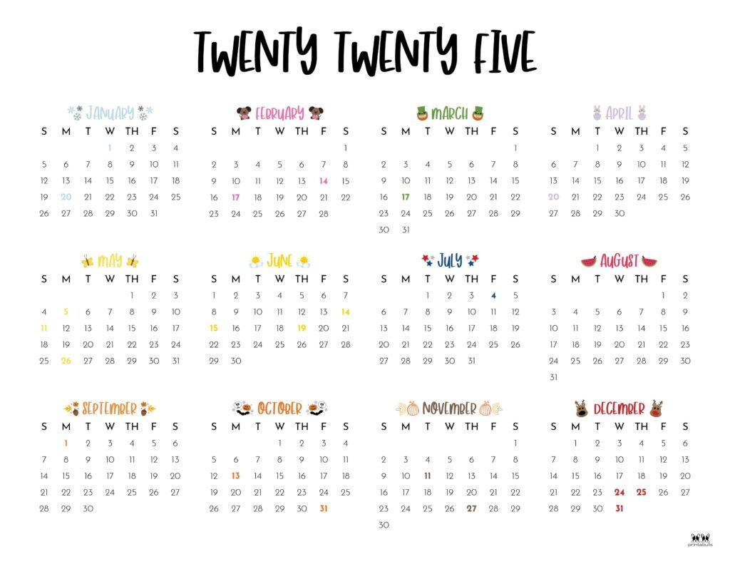 2025 Yearly Calendars - 29 Free Printables | Printabulls for 2025 Year At A Glance Calendar Free Printable