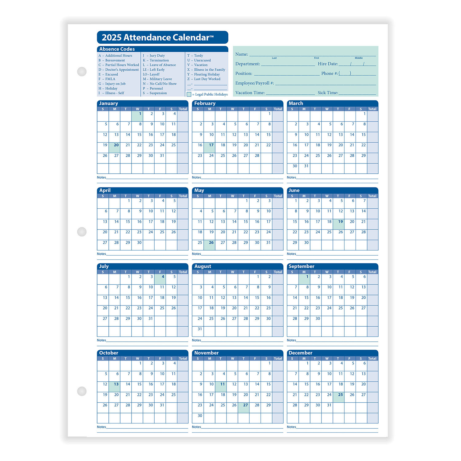 2025 Yearly Employee Attendance Calendar | Yearly Calendar | Hrdirect for Employee Attendance Calendar 2025