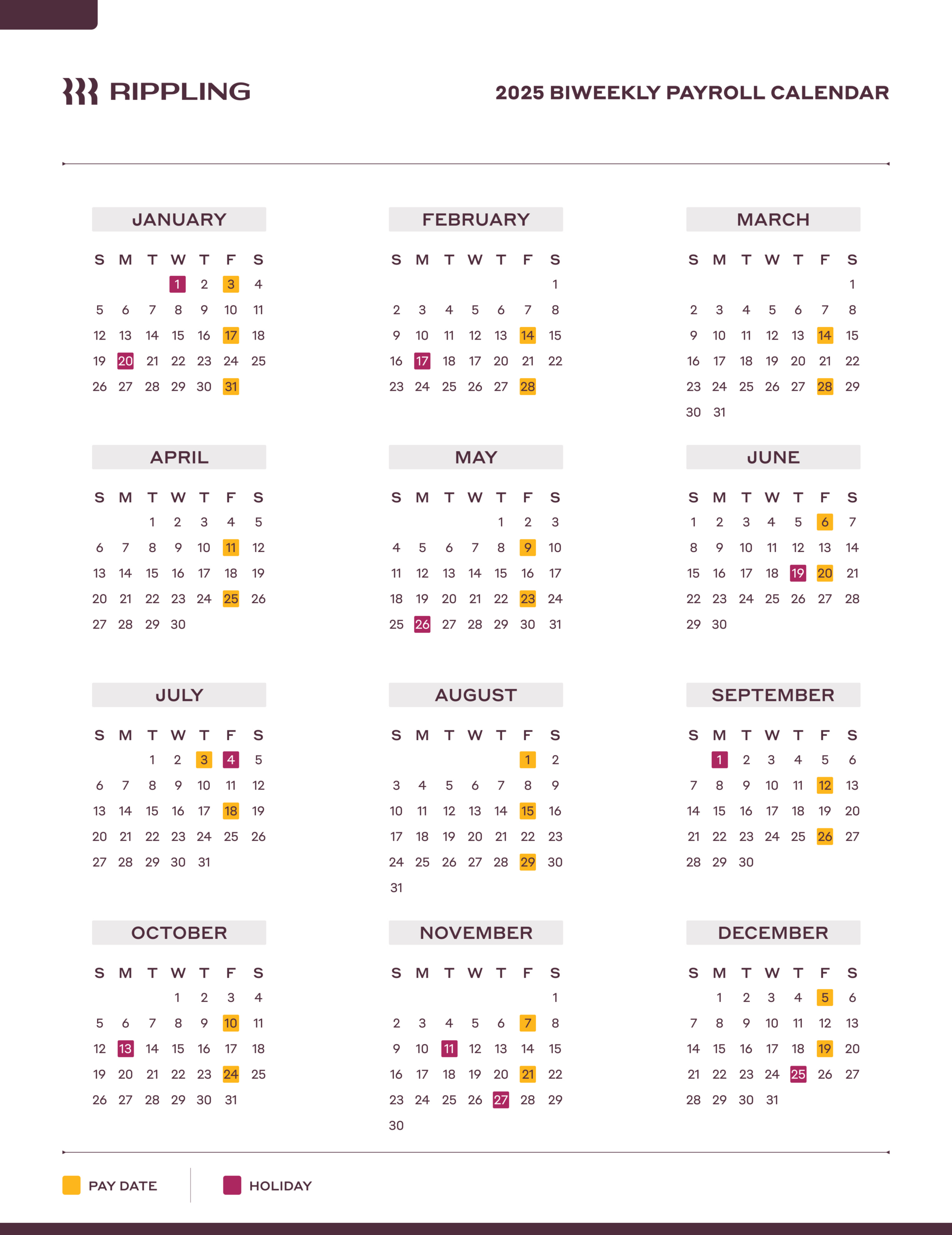 4 Payroll Calendar Templates For 2025 | Rippling with 2025 Adp Calendar Printable