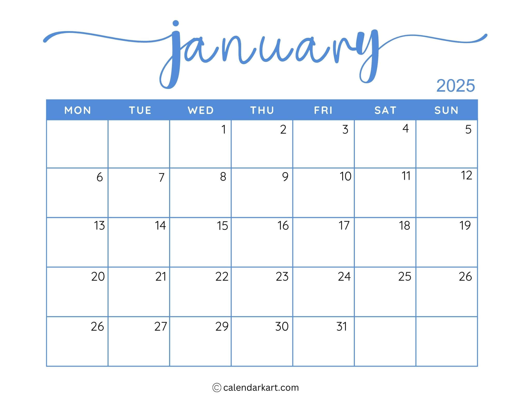 40+ Printable January 2025 Calendars | Free Pdf - Calendarkart pertaining to January 2025 Calendar Printable Monday Start