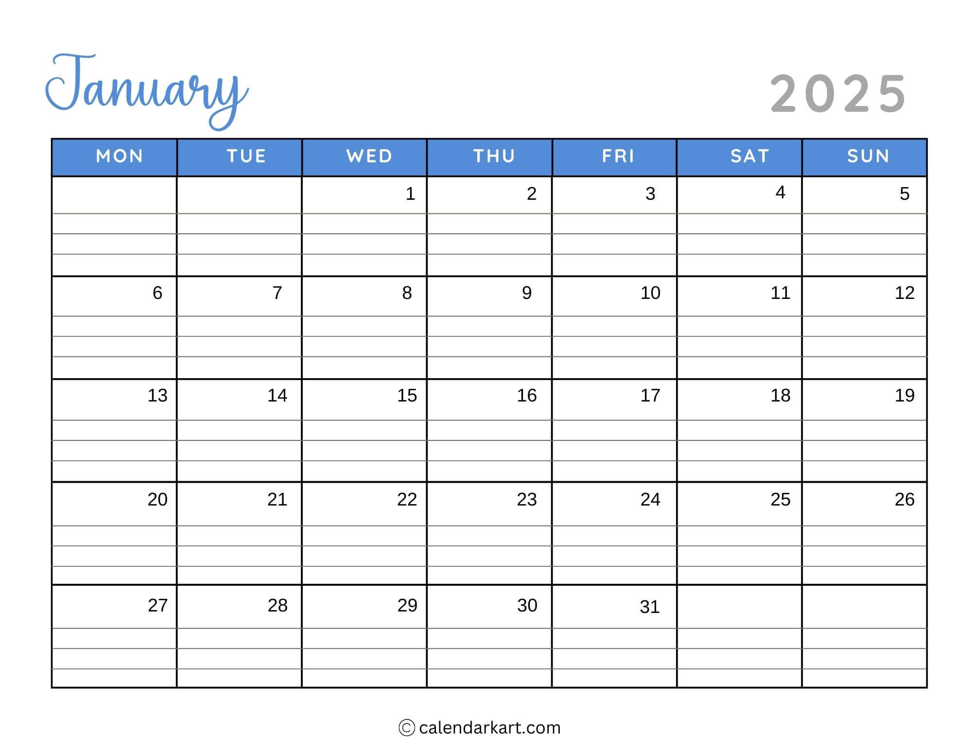 40+ Printable January 2025 Calendars | Free Pdf - Calendarkart within January 2025 Calendar Printable Monday Start