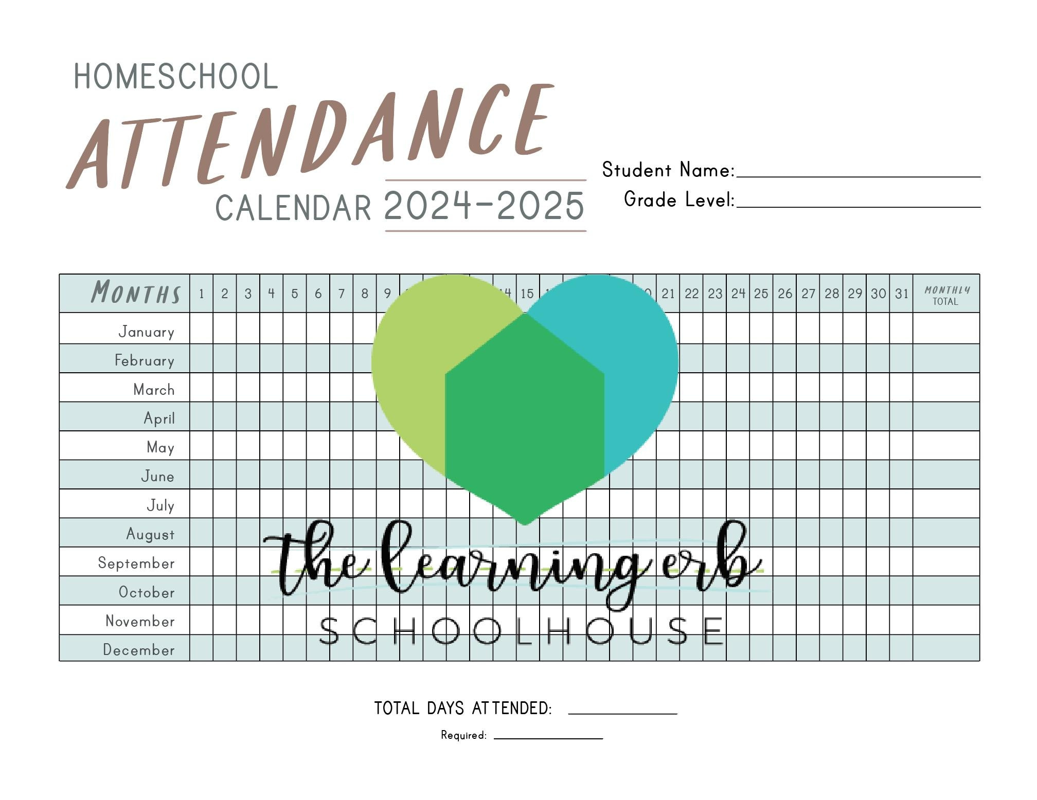 Attendance Sheet: 2024-2025 Attendance Calendar For Homeschool intended for Printable Attendance Calendar 2025