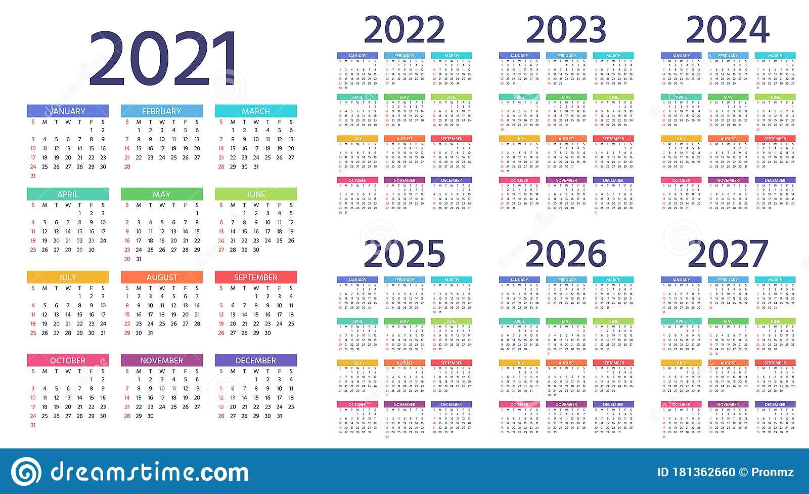 Calendar 2021 2022 2023 2024 2025 2026 2027 Years. Vector regarding 3 Year Calendar 2022 To 2025 Printable