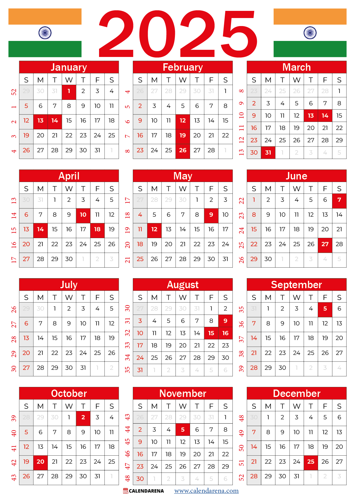 Calendar 2025 India With Holidays And Festivals in Indian Calendar 2025 With Holidays Printable