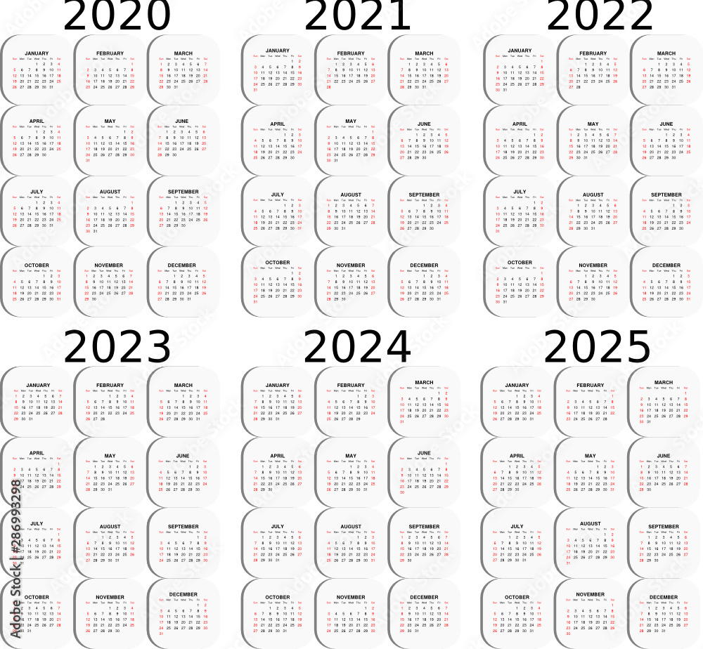 Calendar For Six Years - 2020, 2021, 2022, 2023, 2024 And 2025 in 5 Year Calendar 2021 To 2025 Printable