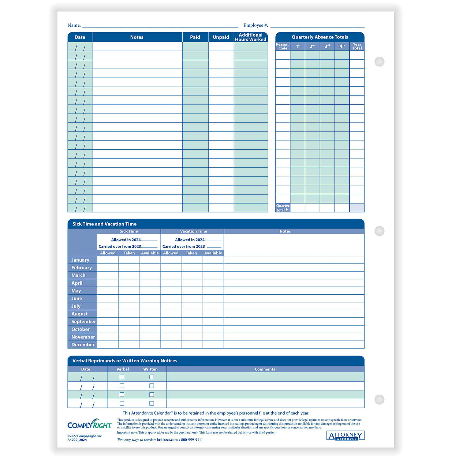 Complyright 2025 Attendance Calendar In White - 50/Pack in 2025 Attendance Calendar