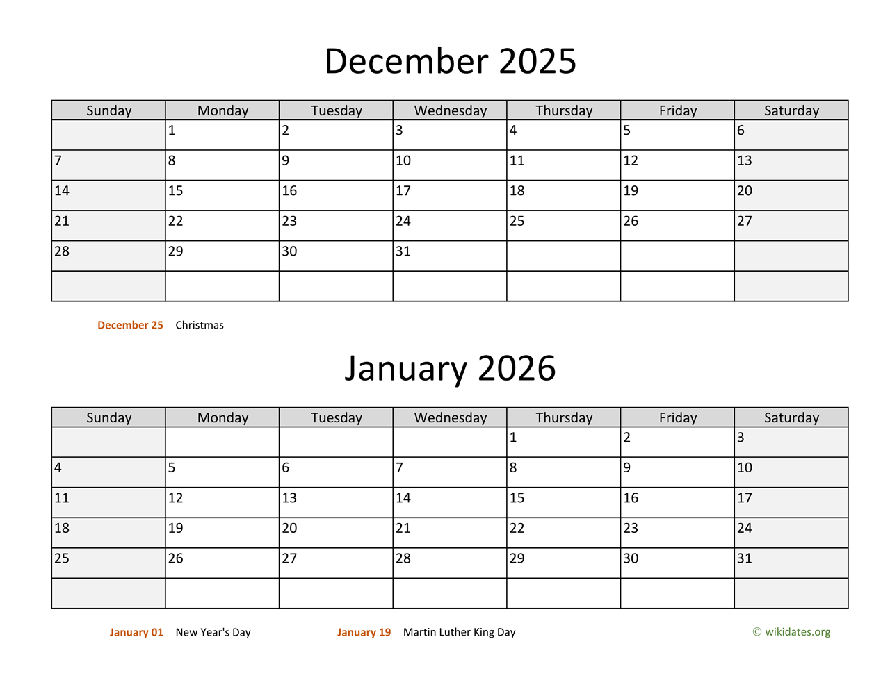 December 2025 And January 2026 Calendar | Wikidates inside December 2025 And January 2025 Calendar Printable